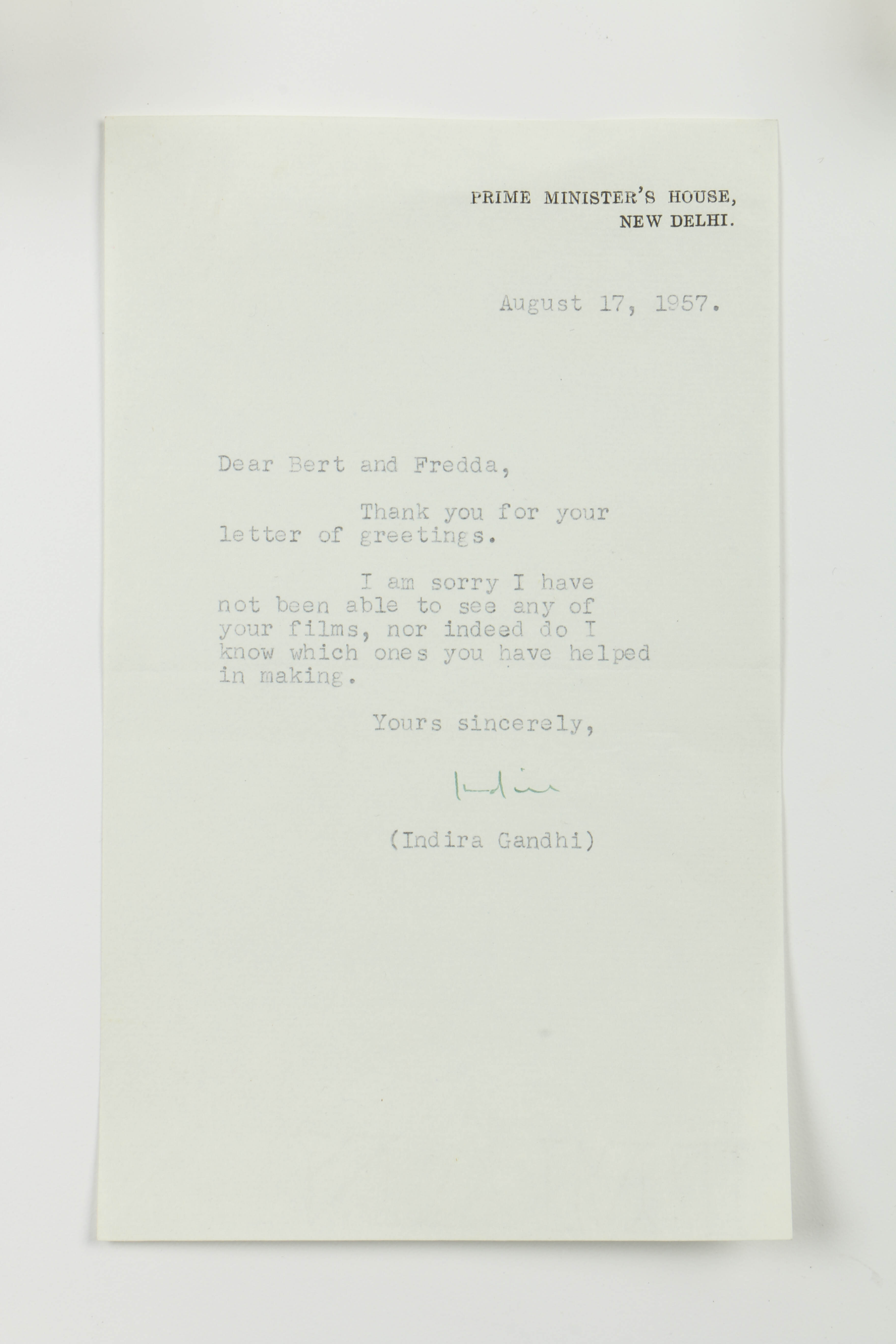1957 Letter and Photo of Indira Gandhi and Fredda Brilliant
