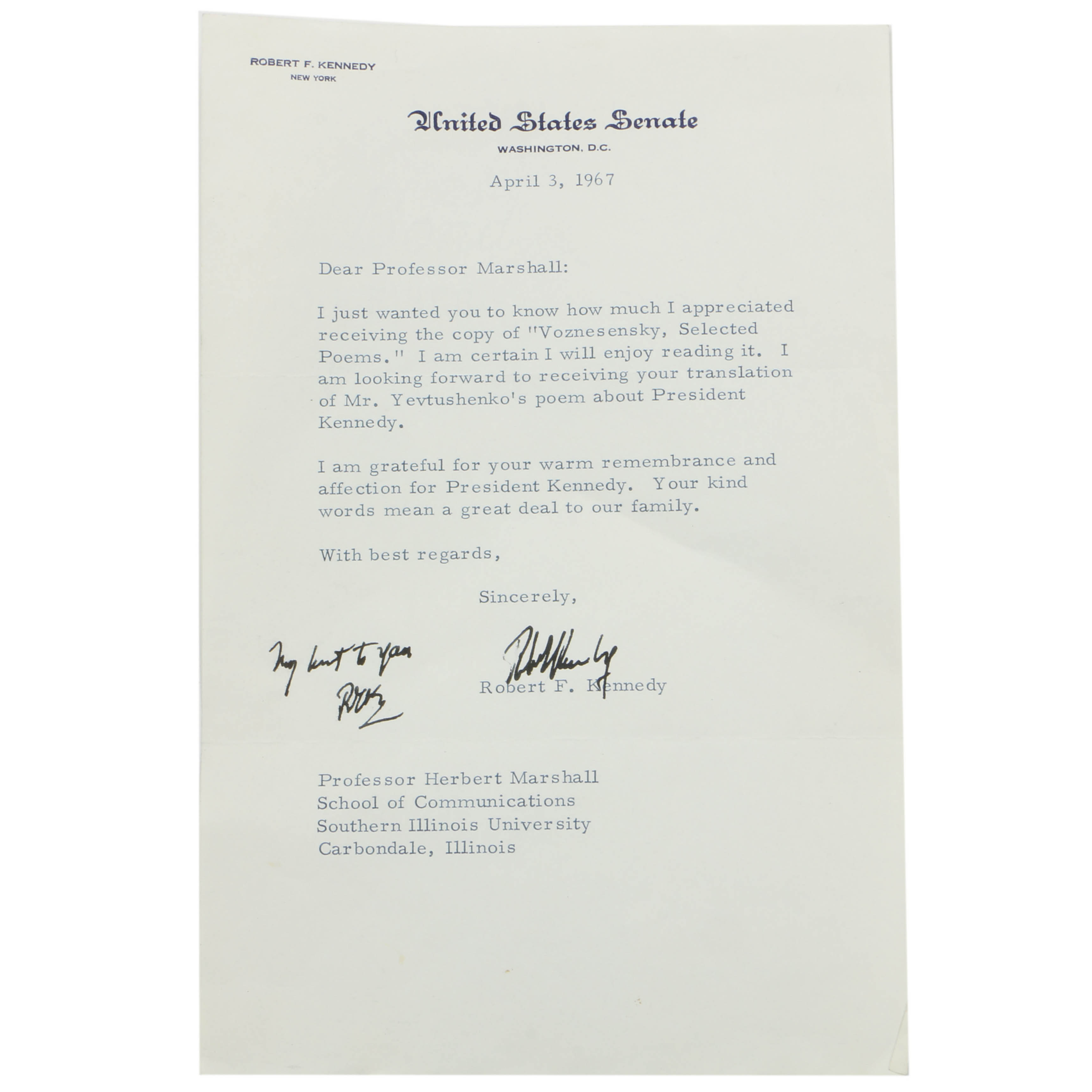 Letter from Robert Kennedy April 3, 1967 to Herbert Marshall