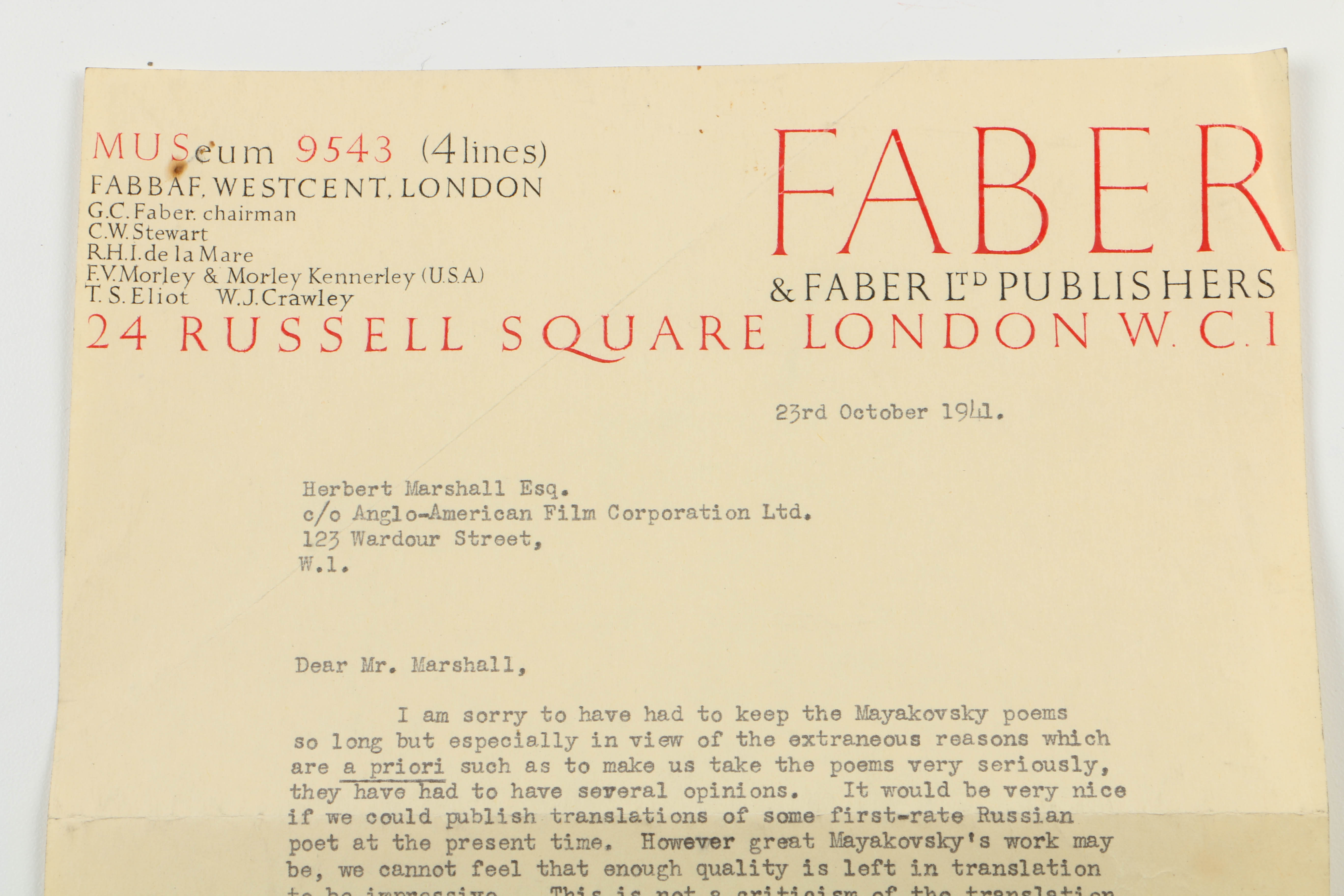 1941 Letter Signed by T.S. Eliot to Herbert Marshall