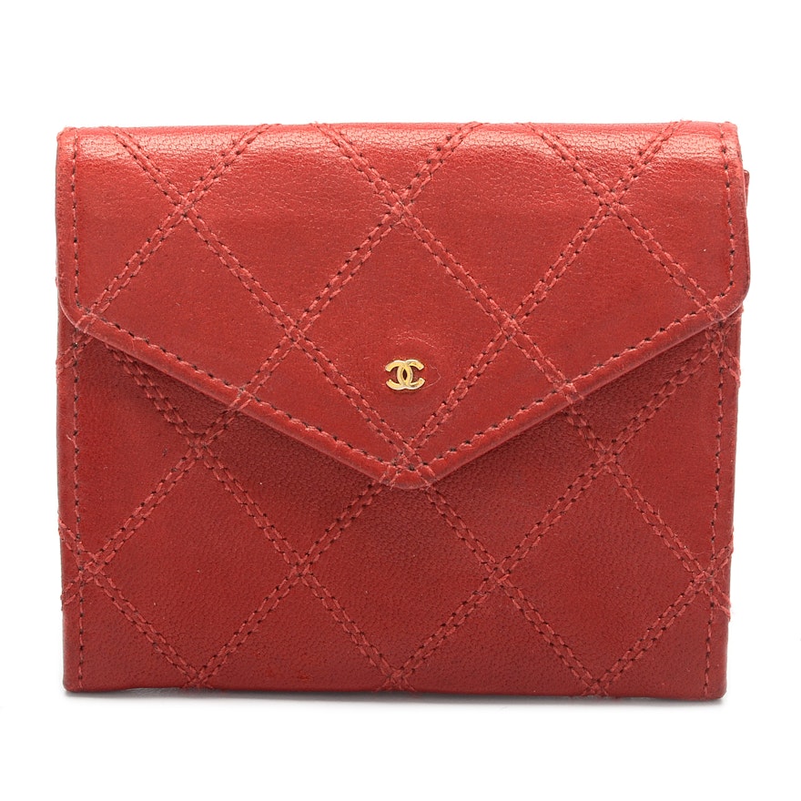 Vintage Chanel Matelasse Envelope Red Leather Wallet