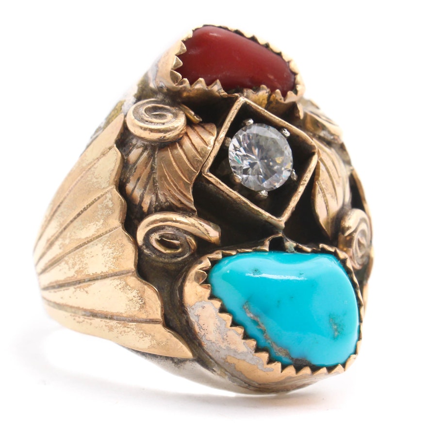 Gold Wash on Sterling Silver Cubic Zirconia, Coral, and Turquoise Ring