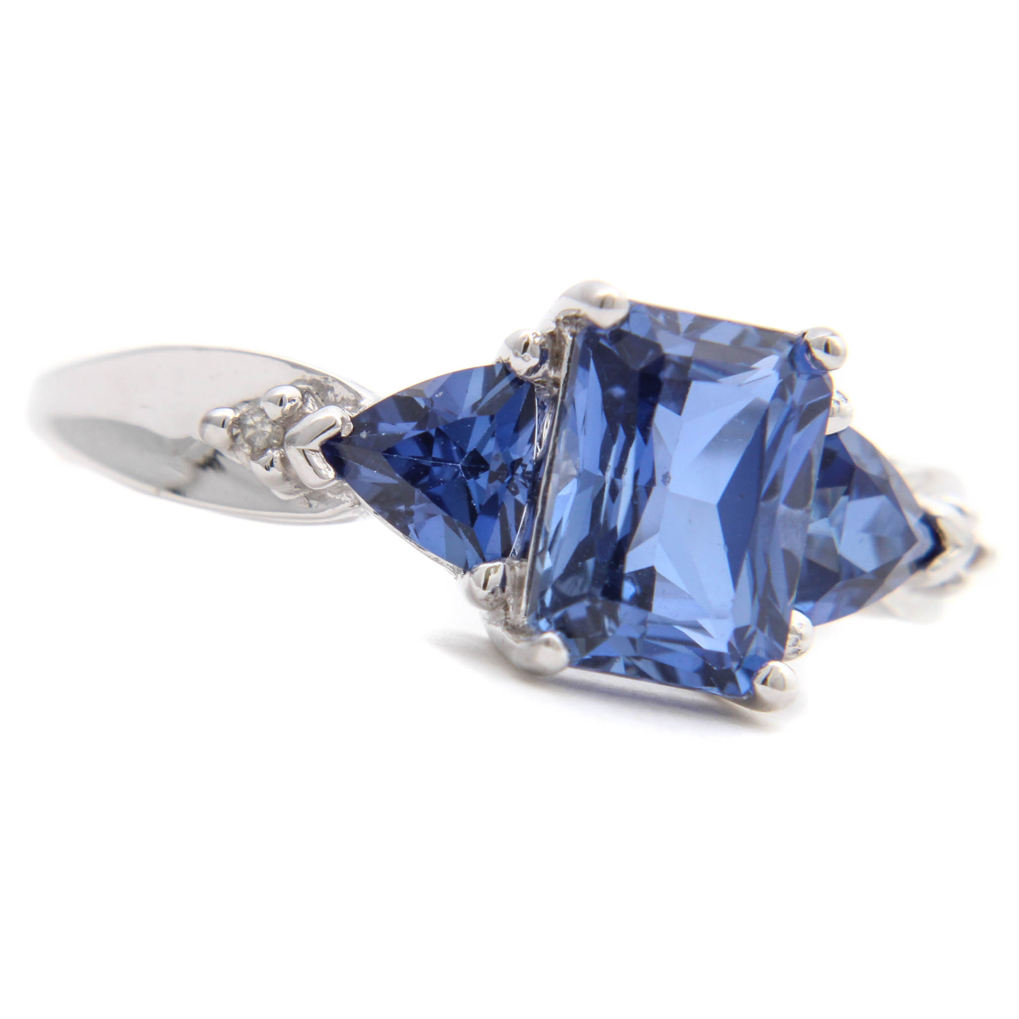 10K White Gold Synthetic Sapphire and Diamond Ring