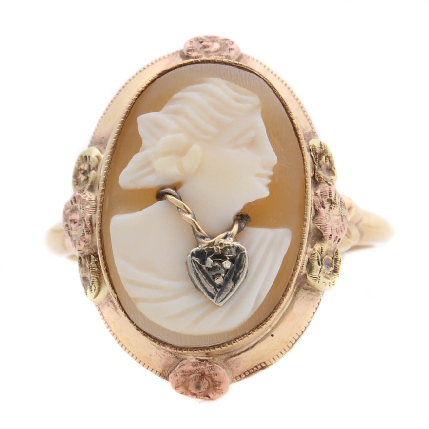 14K Yellow Gold Habille Carved Shell Cameo Diamond Ring