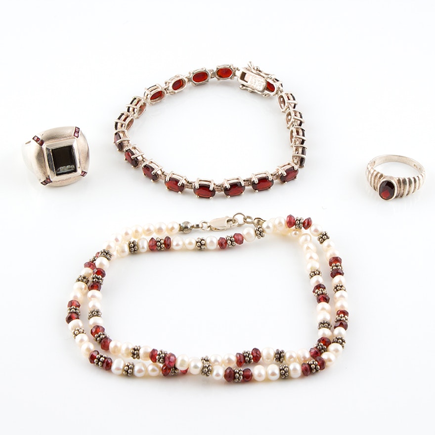 Sterling Silver Jewelry Featuring Garnets, Freshwater Pearls and Hematite