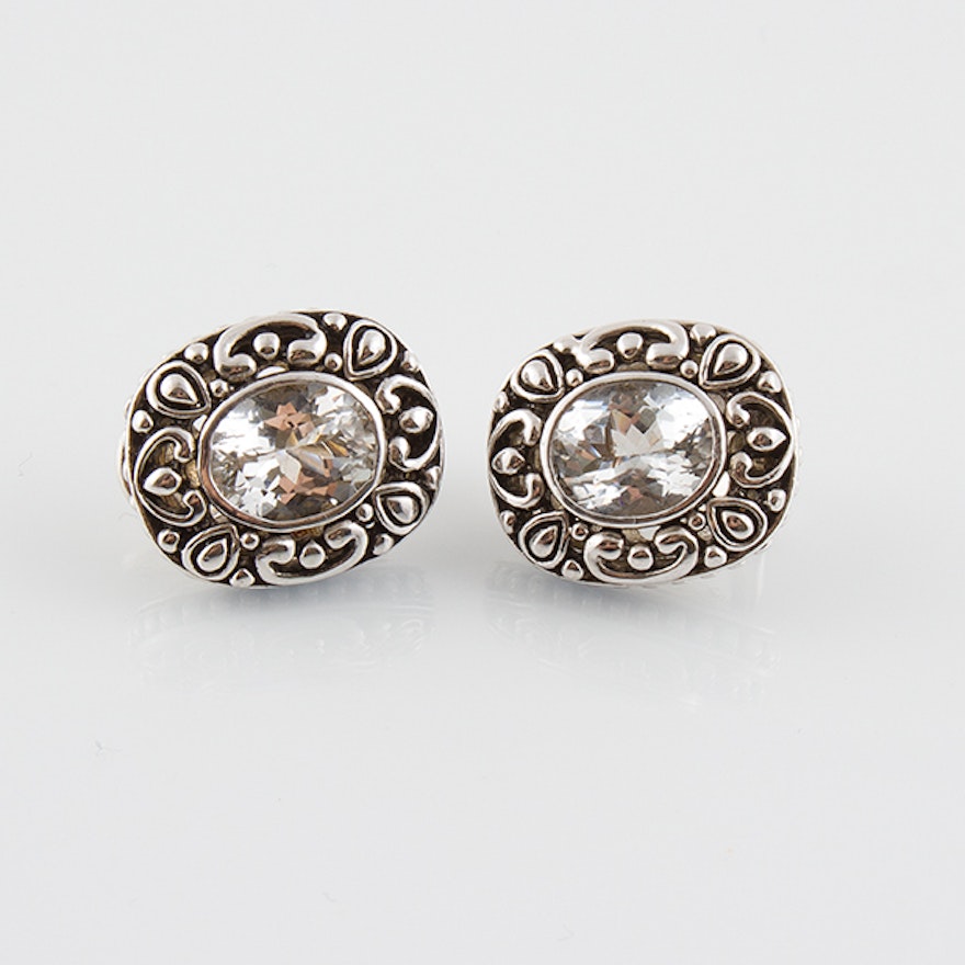 Sterling Silver White Topaz Clip Earrings