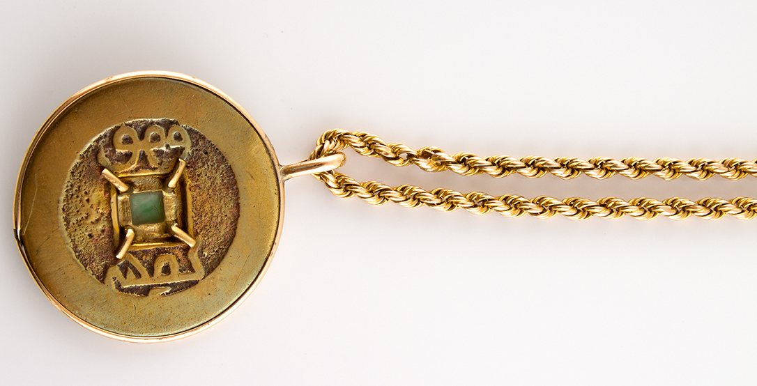 14K Yellow Gold Chain Necklace with Jadeite and Chinese Coin Pendant