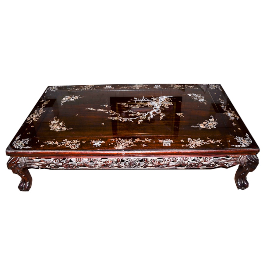 Chinese Carved Mahogany  Coffee Table with Inlay