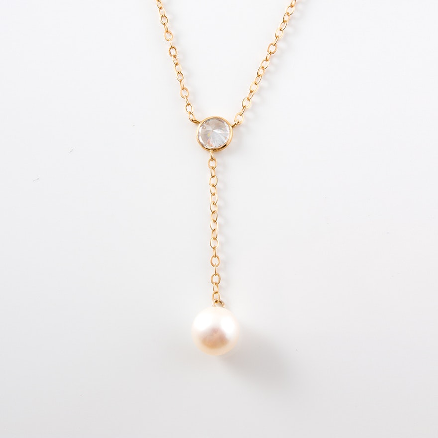 14K Yellow Gold and Cultured Pearl and Cubic Zirconia Drop Necklace