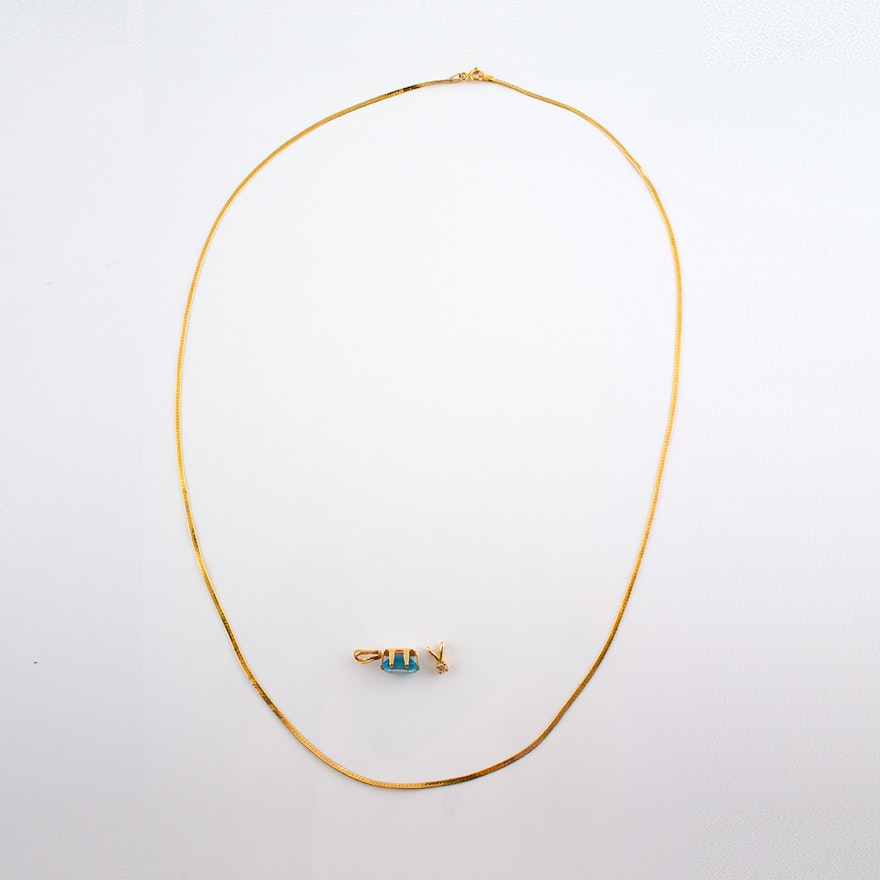 14K Gold Herringbone Chain with Diamond and Blue Cubic Zirconia Pendants