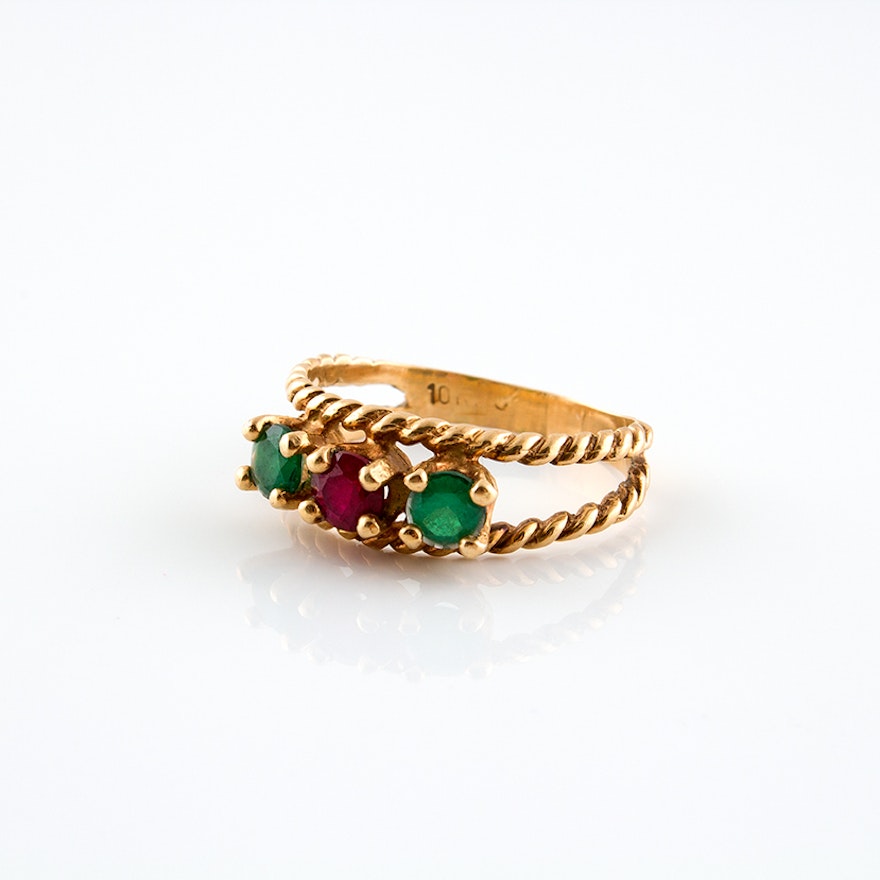 10K Yellow Gold Ring with Synthetic Gemstones