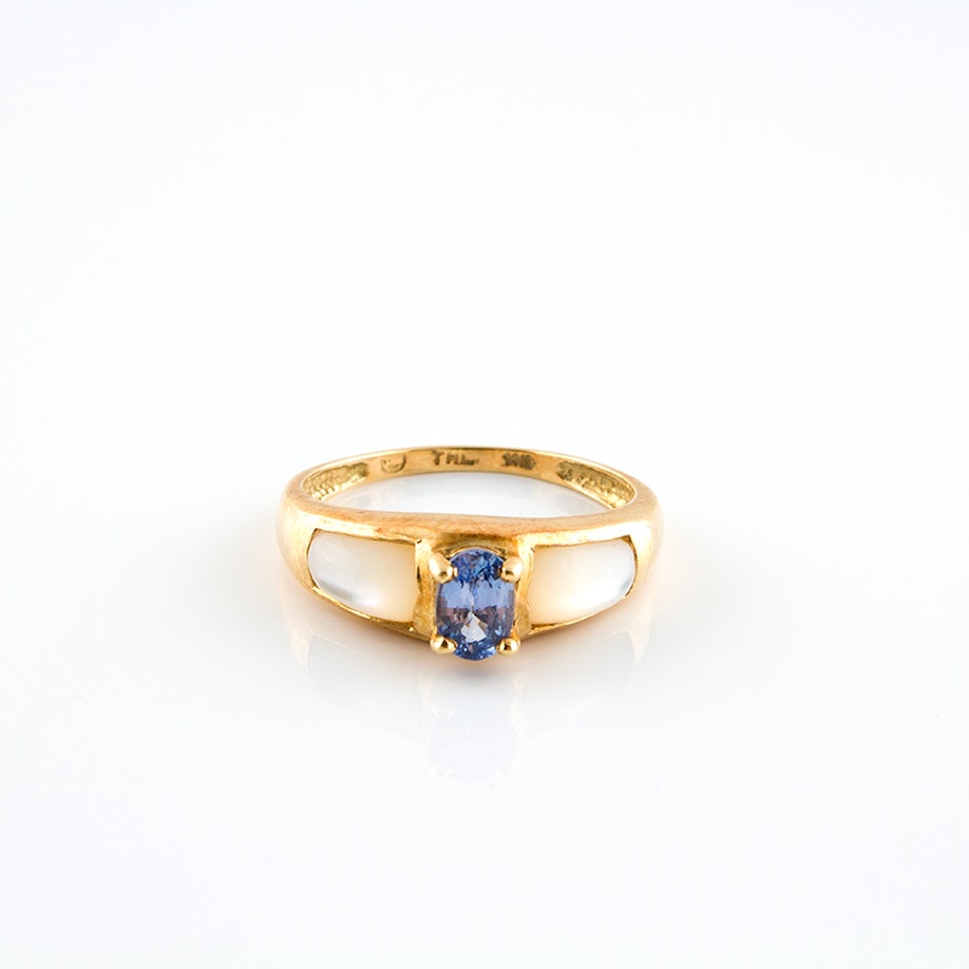 14K Yellow Gold Sapphire and Mother of Pearl Ring