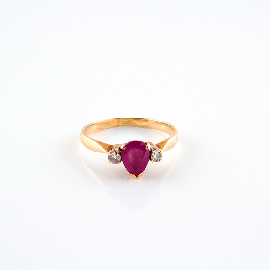 14K Yellow Gold Vintage Diamond and Ruby Ring