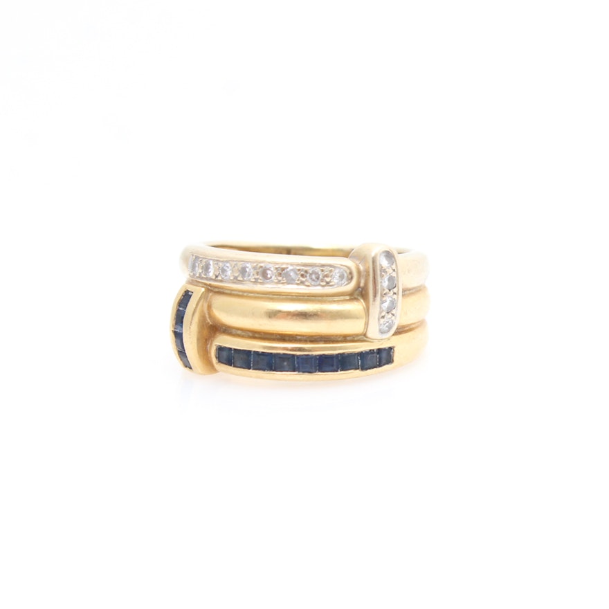 18K Yellow Gold Diamond and Natural Sapphire Ring