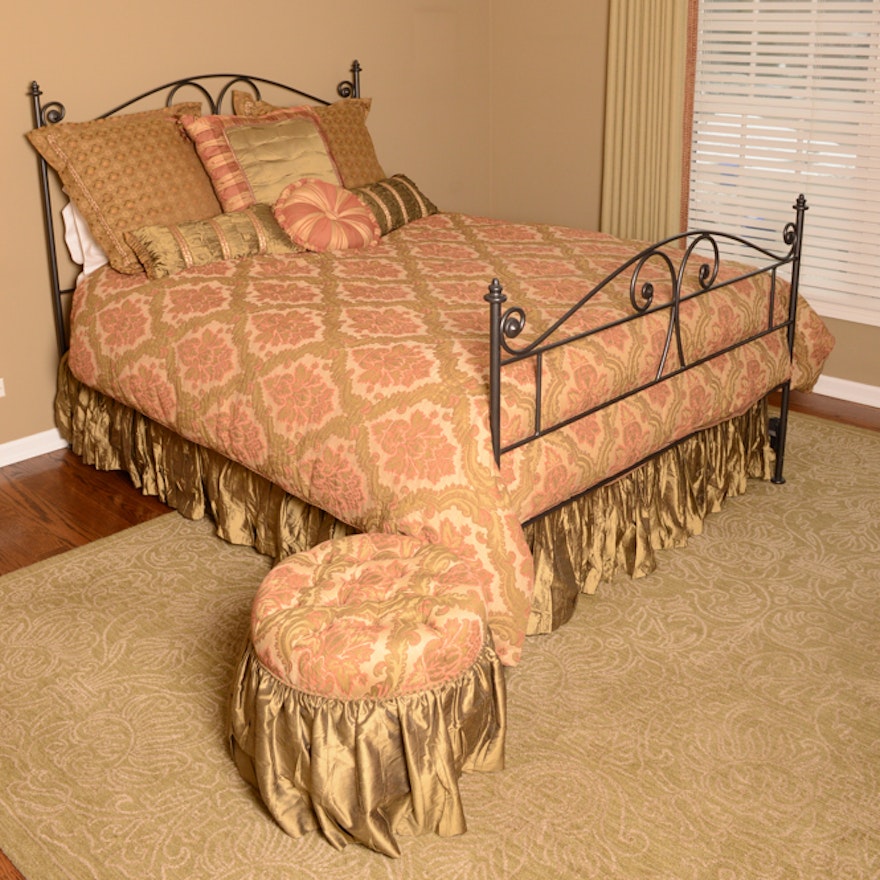 Metal Queen-Size Bed Frame Including Mattress, Custom Bedding and Ottoman