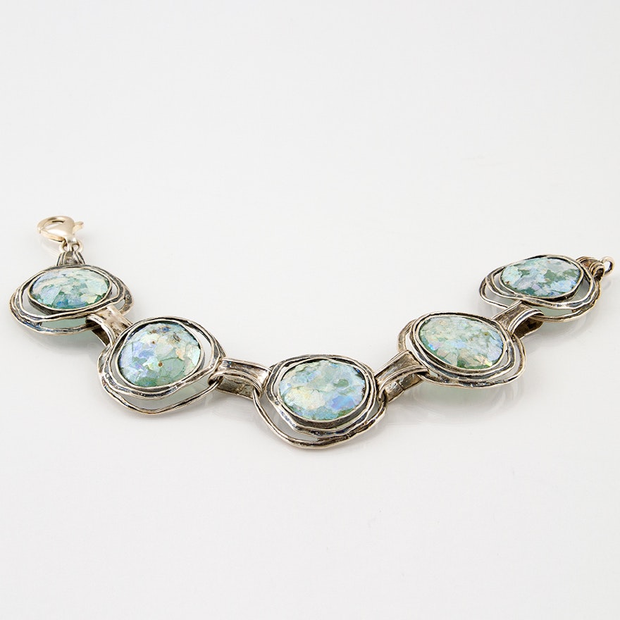 Sterling Silver Roman Glass Modernist Bracelet