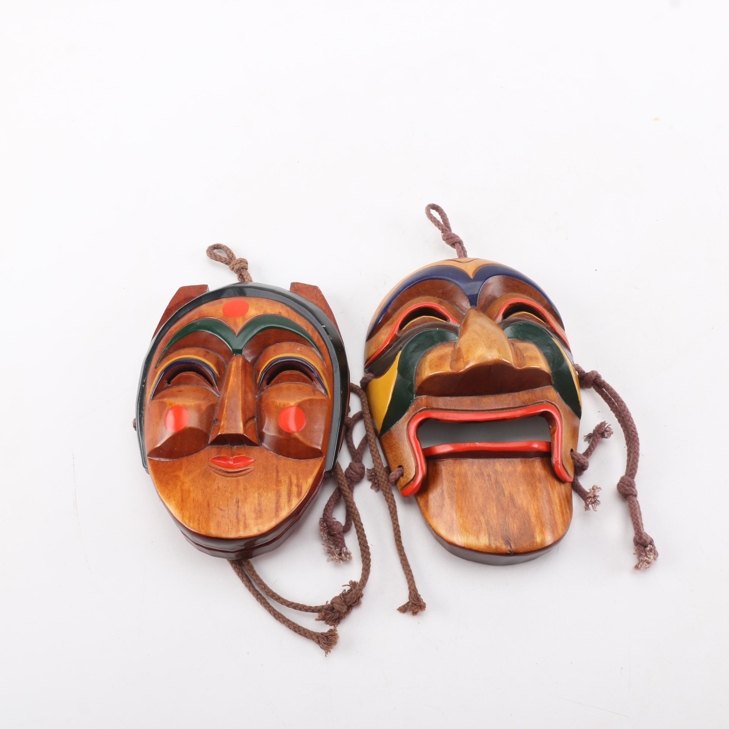Two Korean Wooden Hahoetal Masks