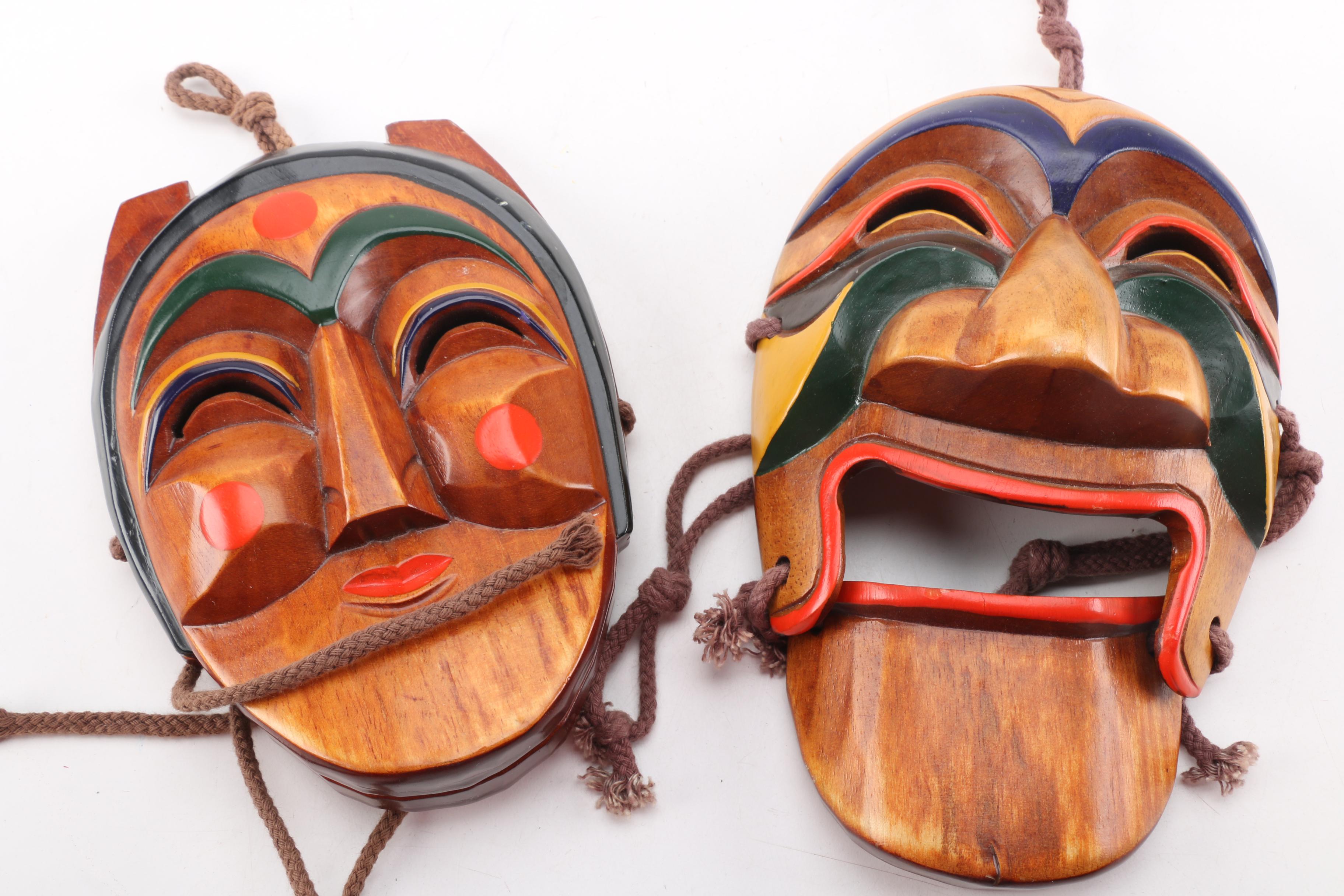 Two Korean Wooden Hahoetal Masks