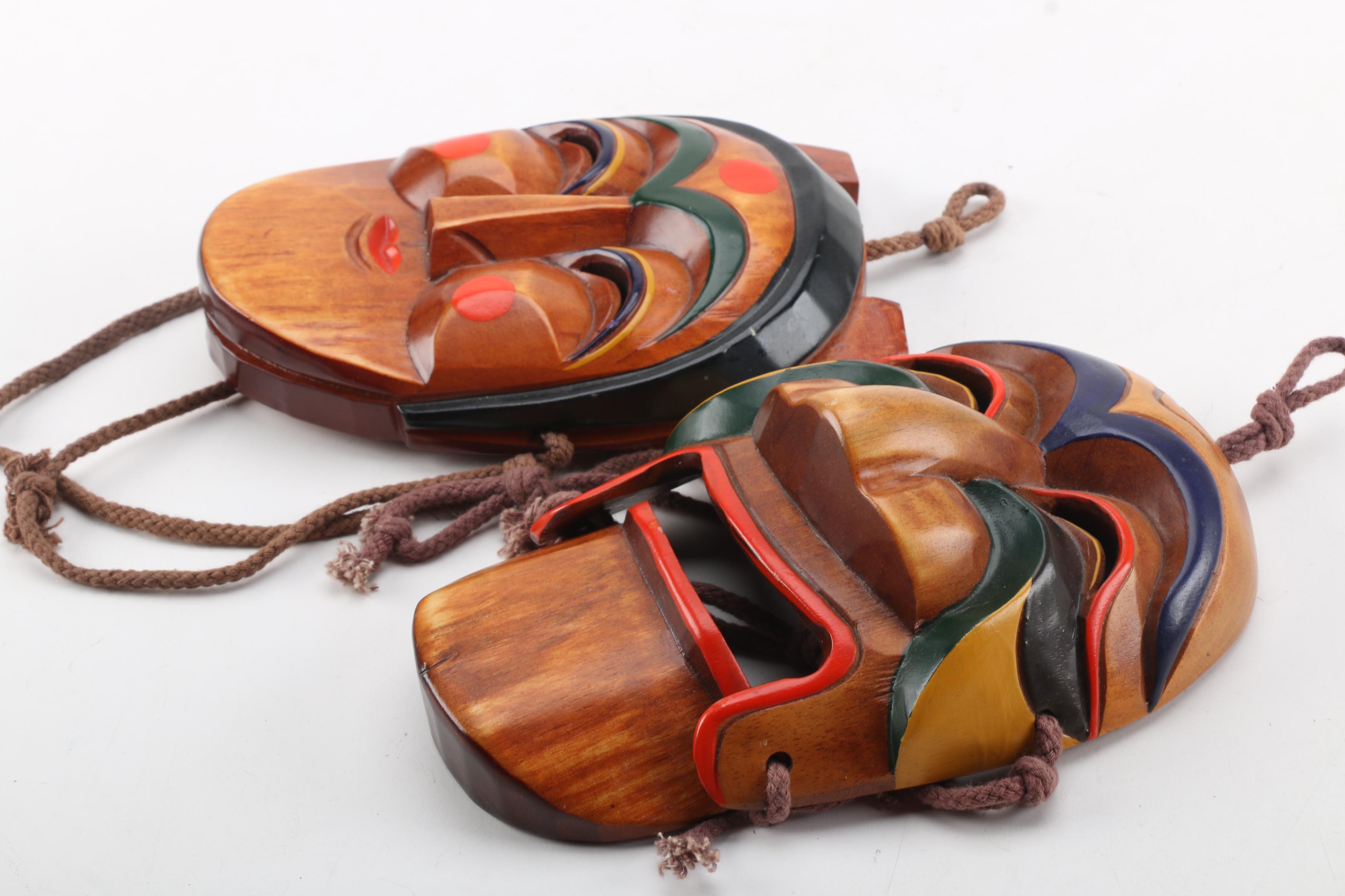 Two Korean Wooden Hahoetal Masks