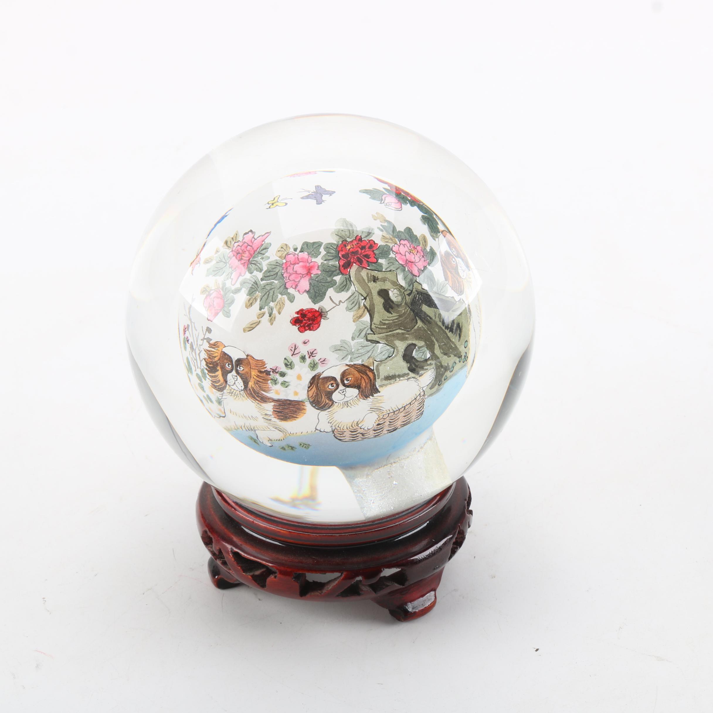 Reverse Hand-Painted Glass Paperweight with Wooden Stand
