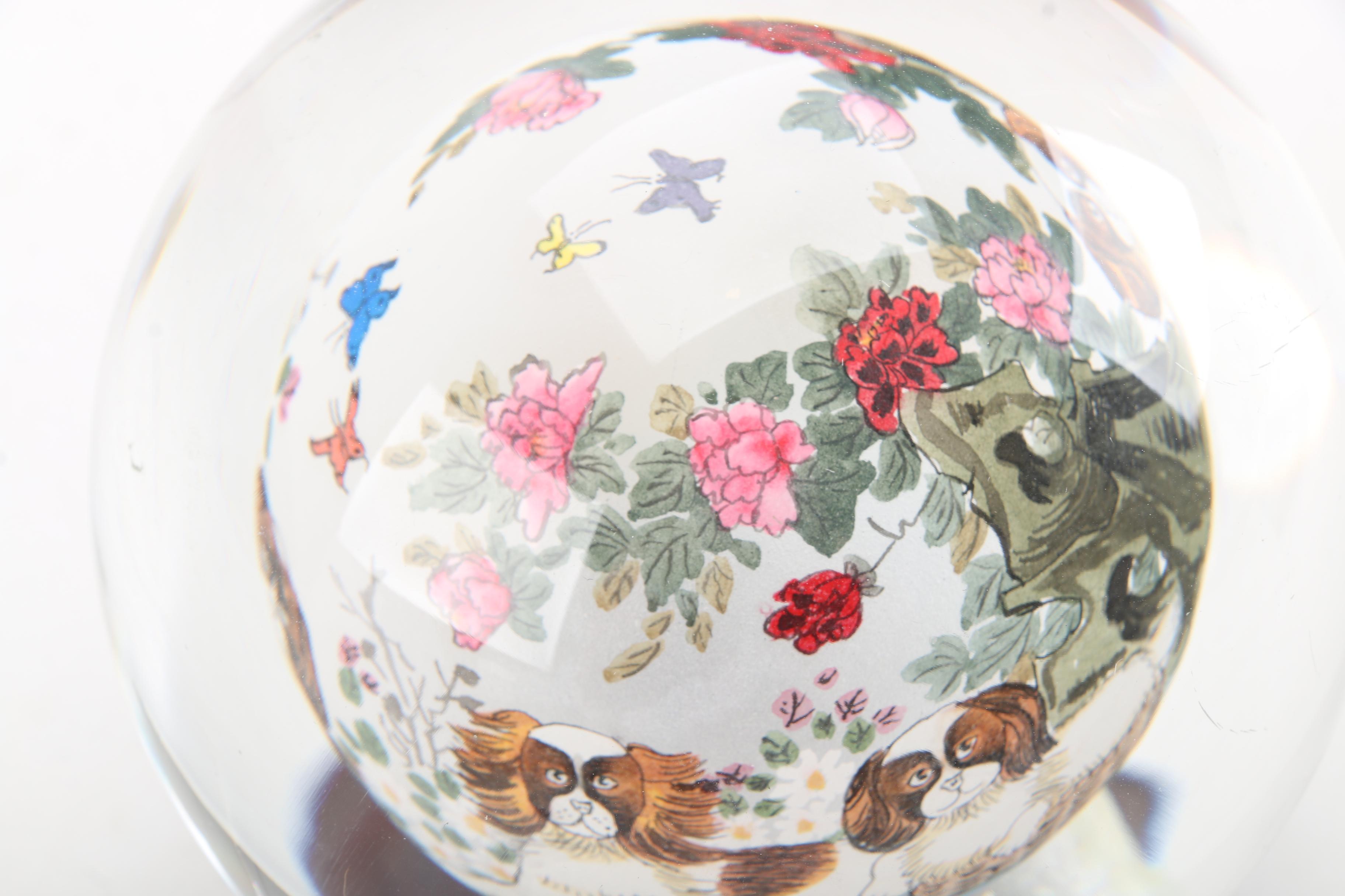 Reverse Hand-Painted Glass Paperweight with Wooden Stand