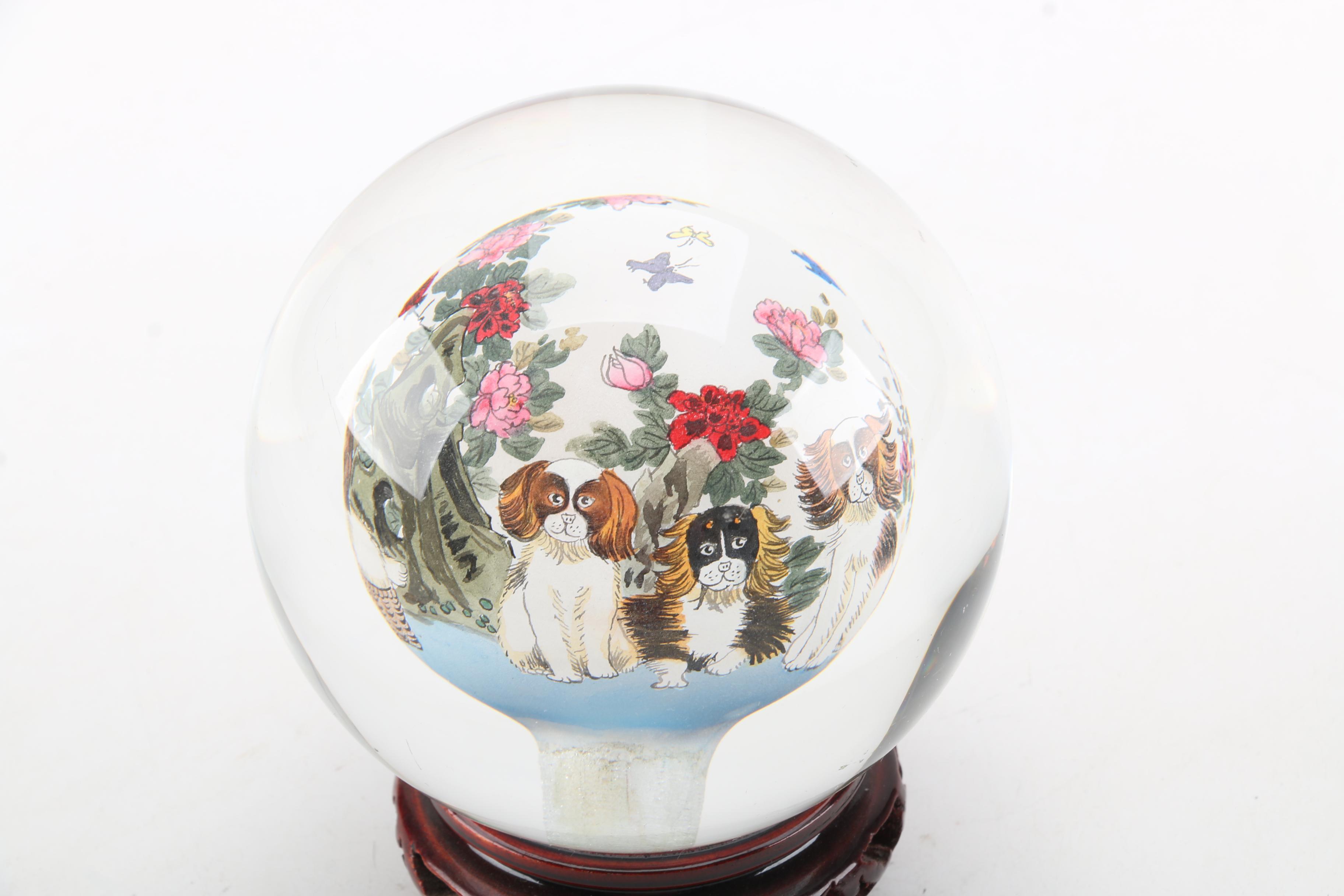 Reverse Hand-Painted Glass Paperweight with Wooden Stand