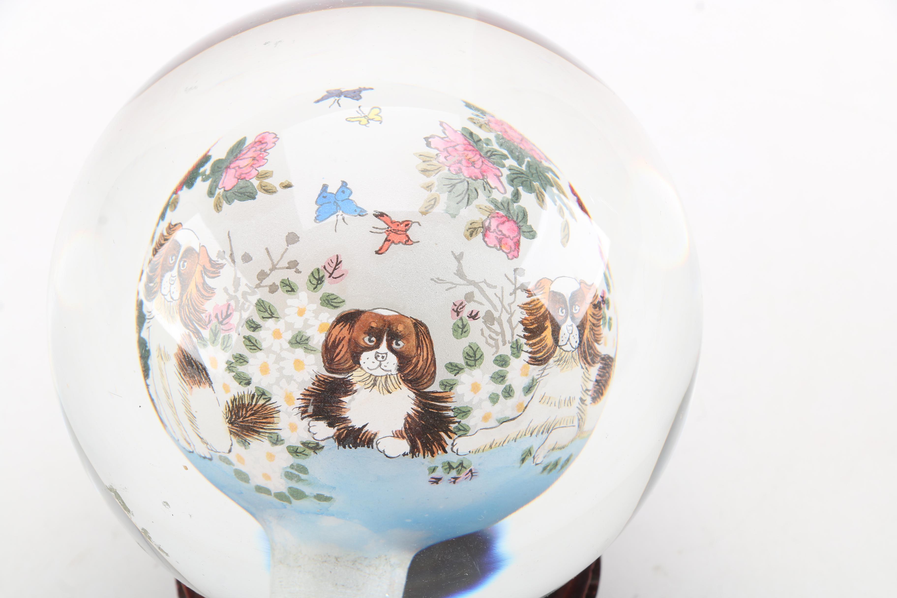 Reverse Hand-Painted Glass Paperweight with Wooden Stand
