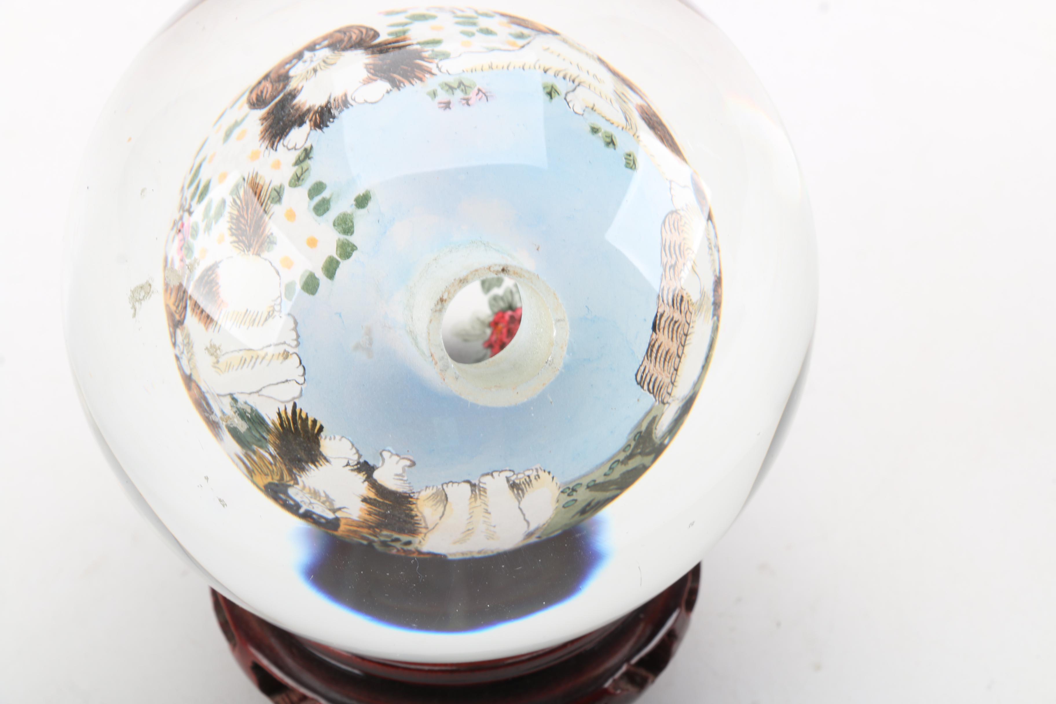 Reverse Hand-Painted Glass Paperweight with Wooden Stand