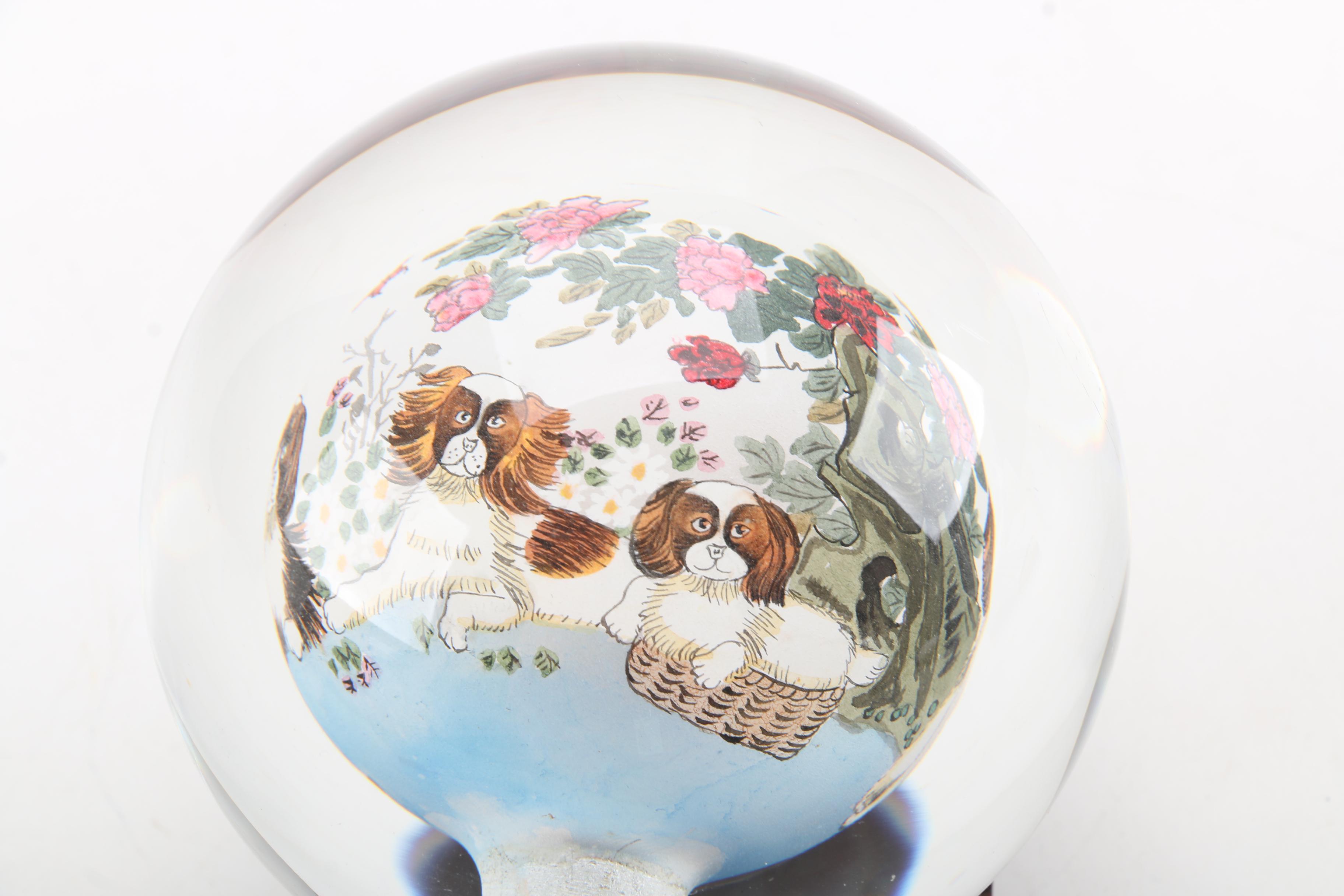 Reverse Hand-Painted Glass Paperweight with Wooden Stand