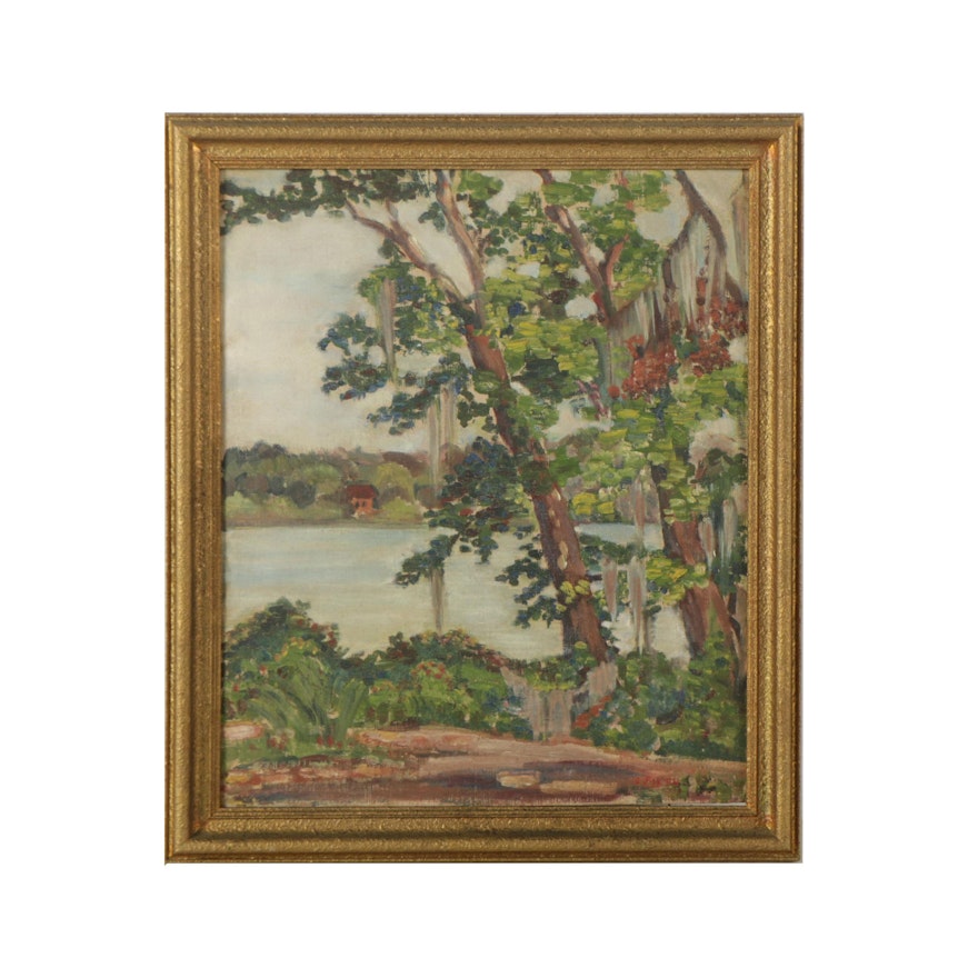 Elizabeth P. Korn Oil Painting on Canvas Board of Lake Scene