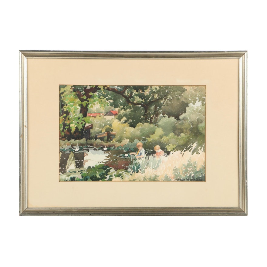 Harold Walker Watercolor Painting on Paper of Children Playing