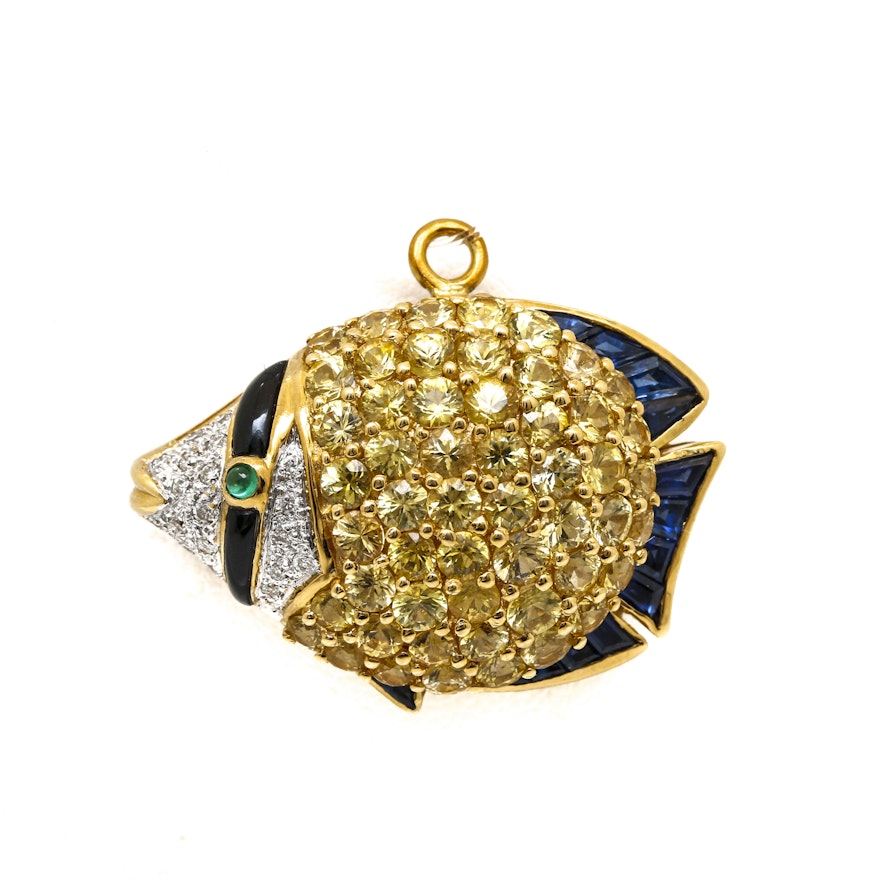 Le Vian 18K Yellow Gold Diamond and Gemstone Fish Pendant Brooch