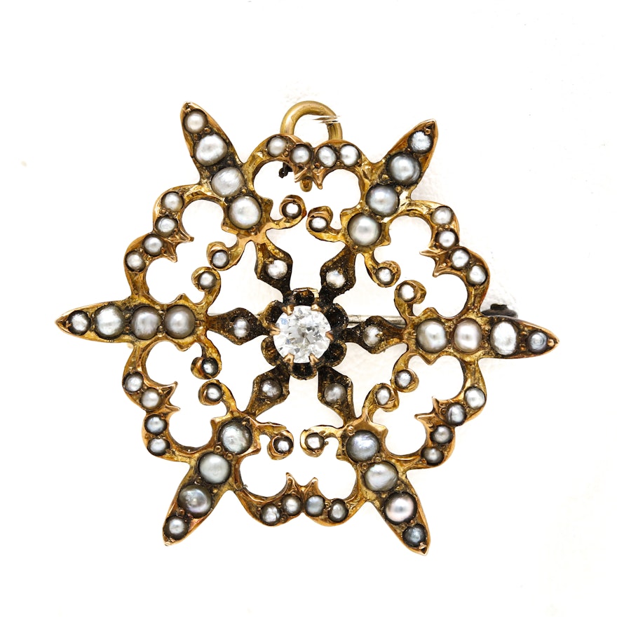 Antique 10K Yellow Gold Diamond and Pearl Brooch