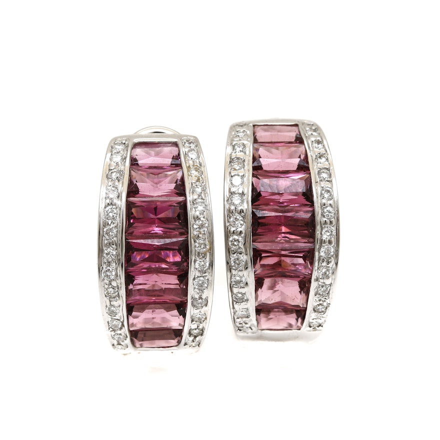 18K White Gold Pink Tourmaline and Diamond Half Hoop Earrings