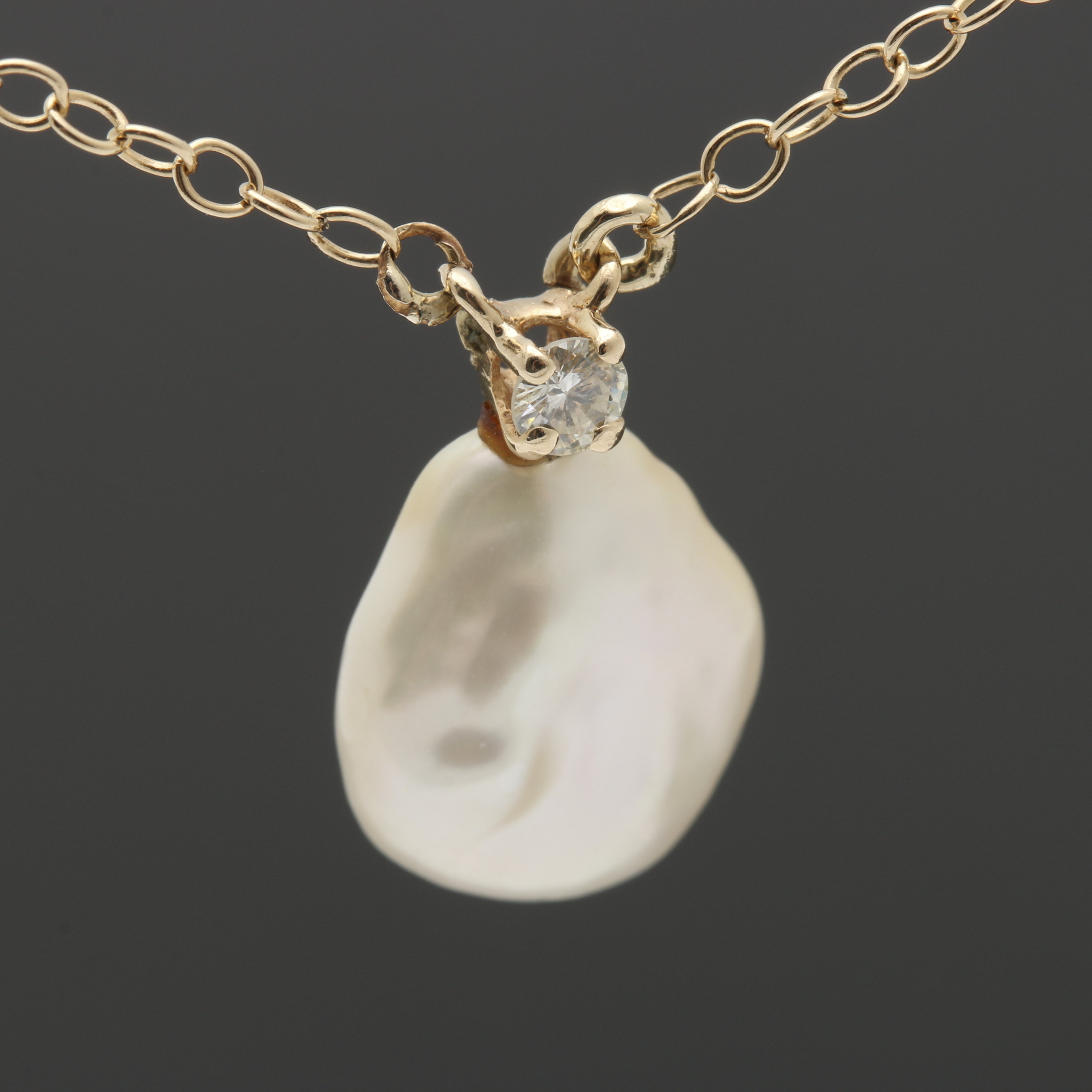 14K Yellow Gold Diamond and Cultured Pearl Necklace