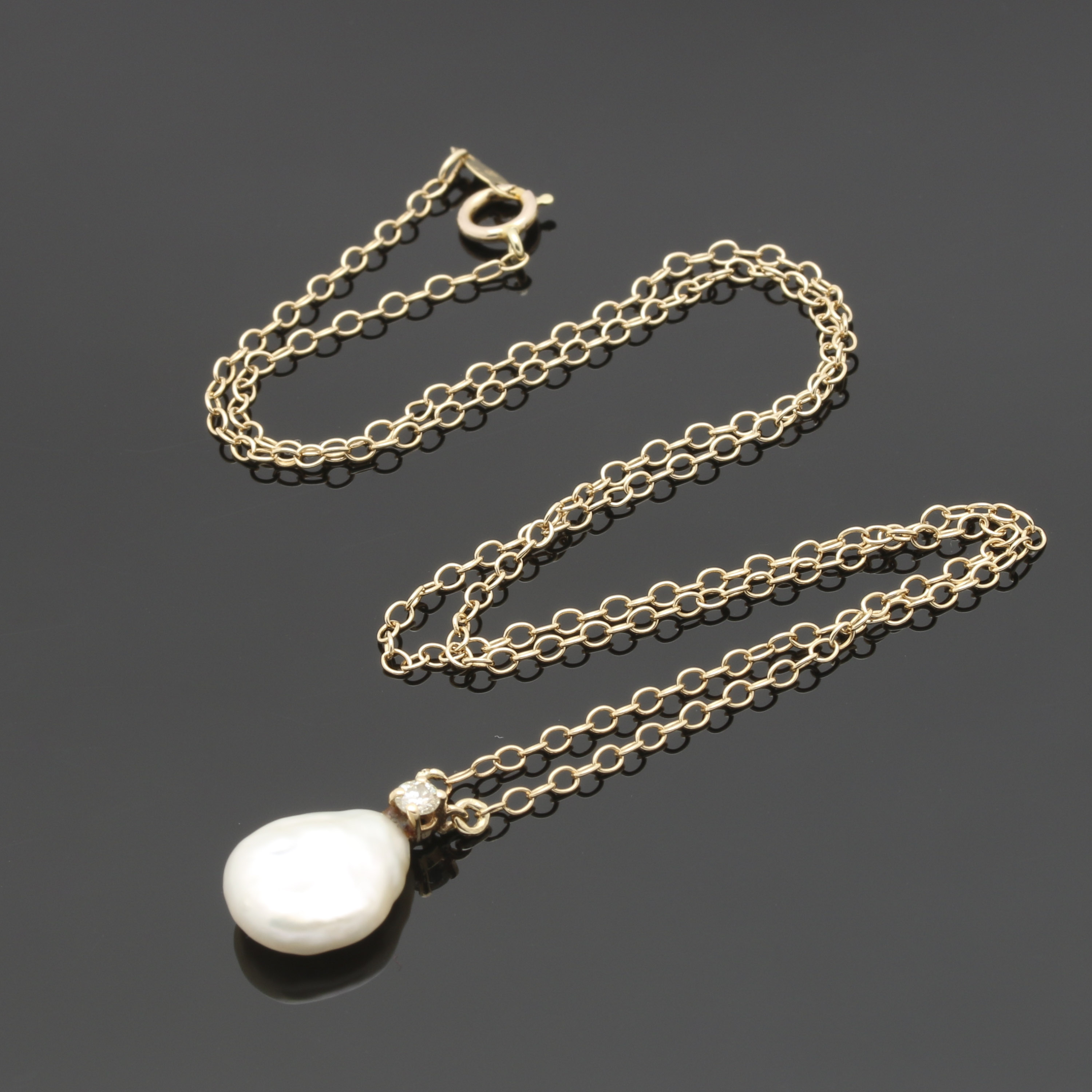 14K Yellow Gold Diamond and Cultured Pearl Necklace