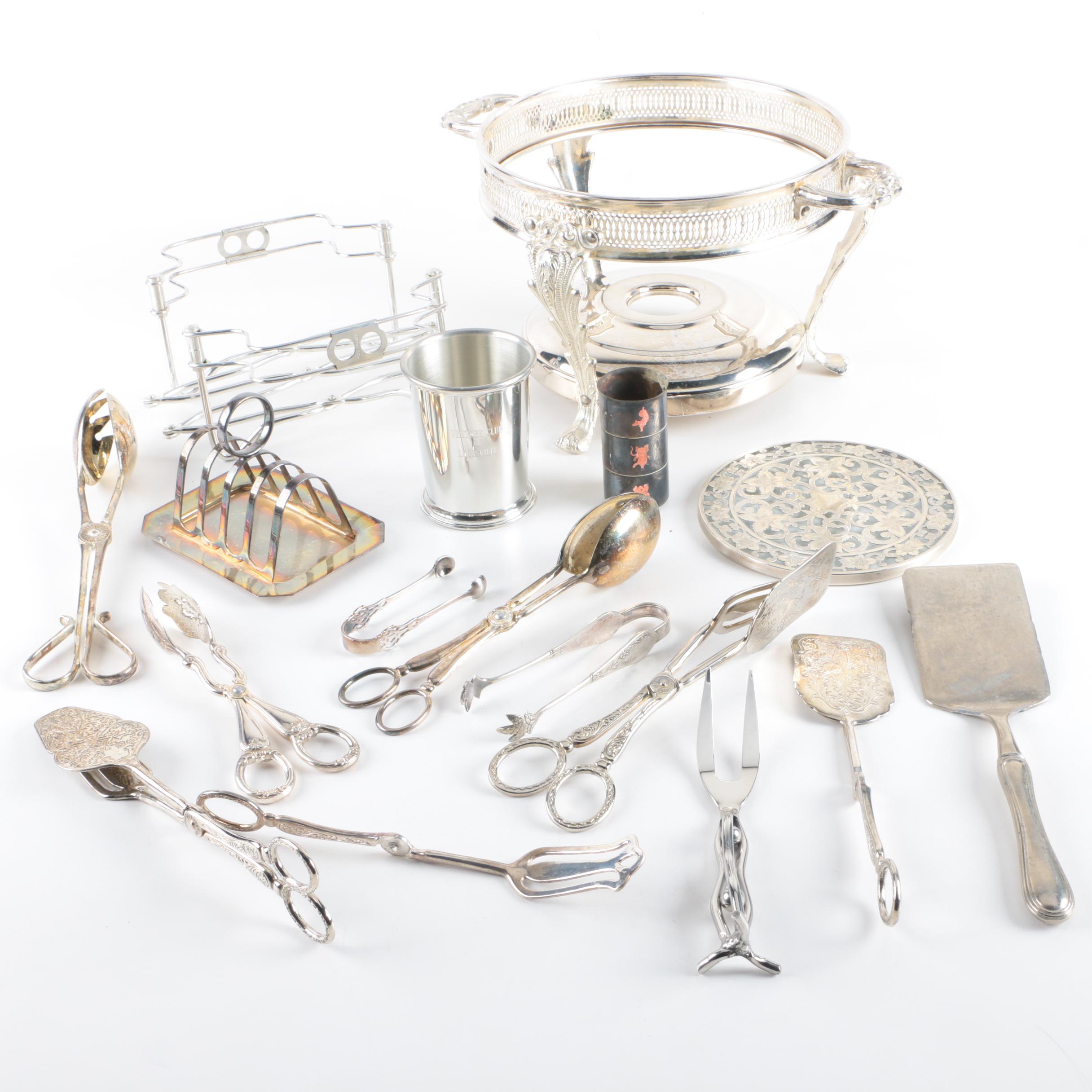 Webster Openwork Sterling Trivet with Pewter and Silver Plate Serving Utensils