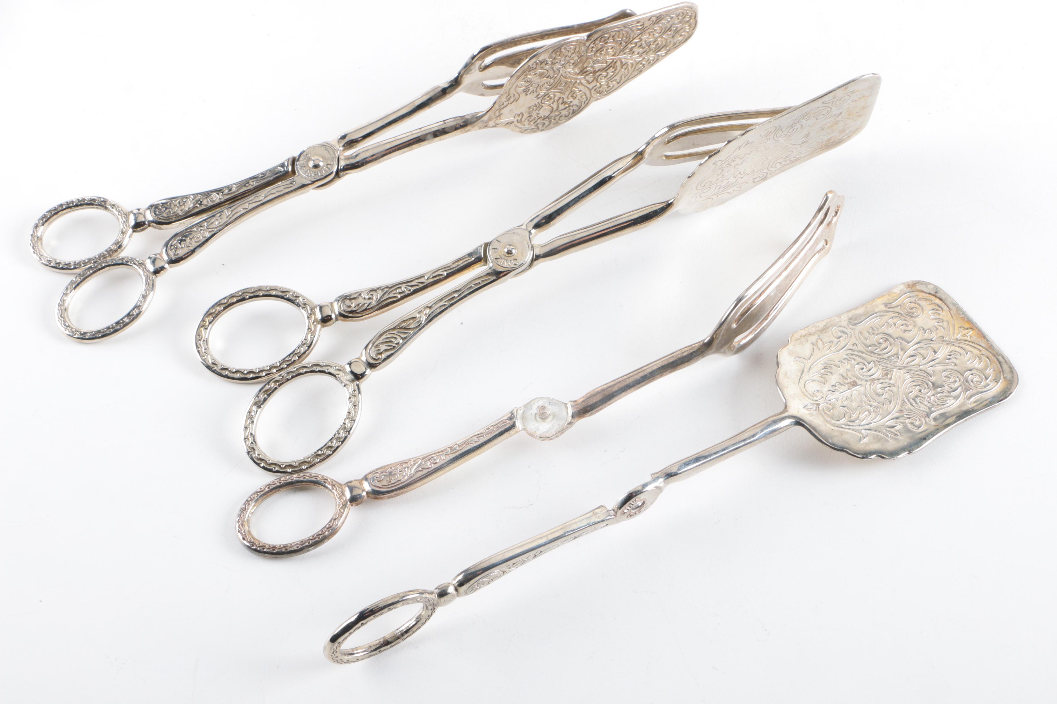 Webster Openwork Sterling Trivet with Pewter and Silver Plate Serving Utensils