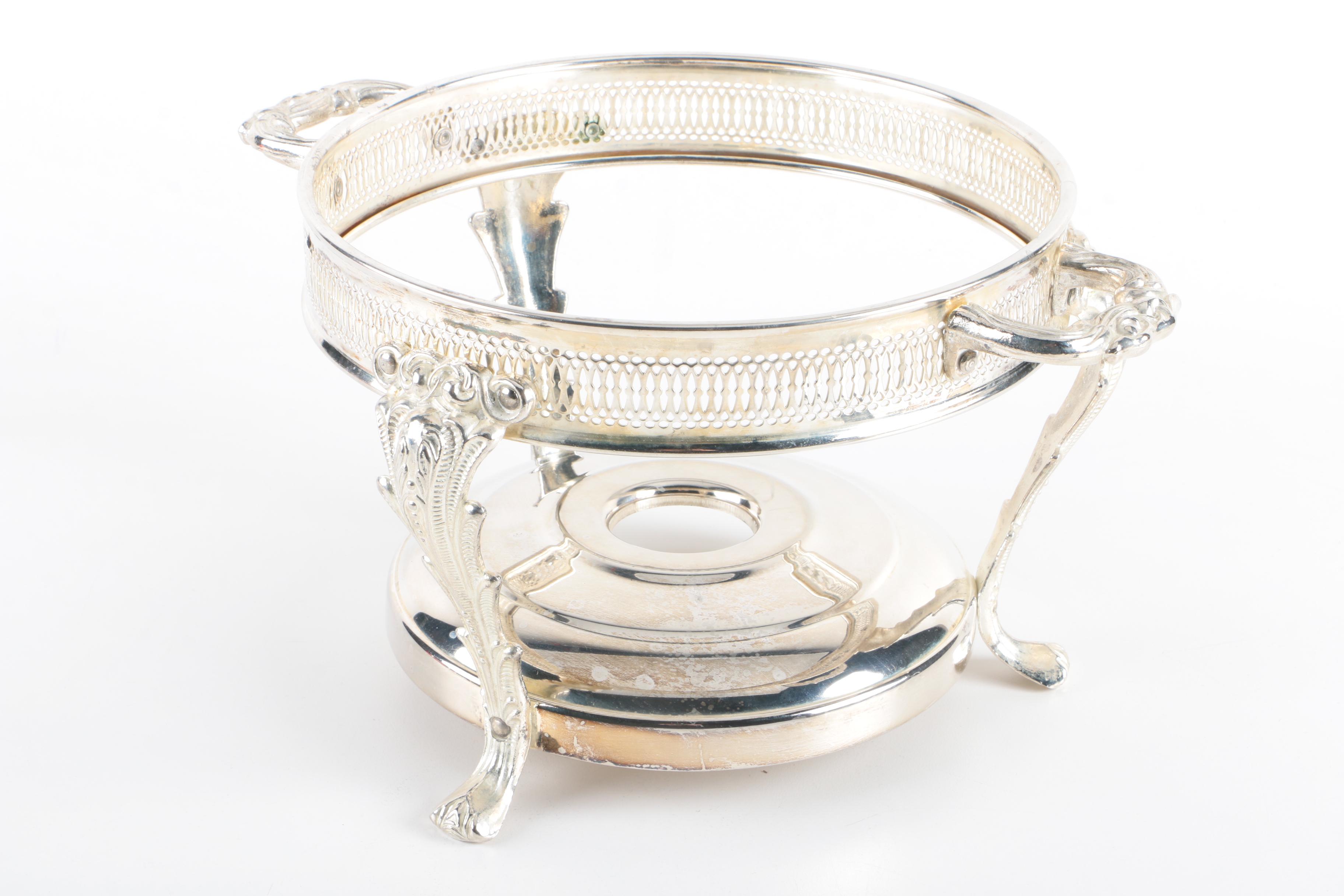 Webster Openwork Sterling Trivet with Pewter and Silver Plate Serving Utensils