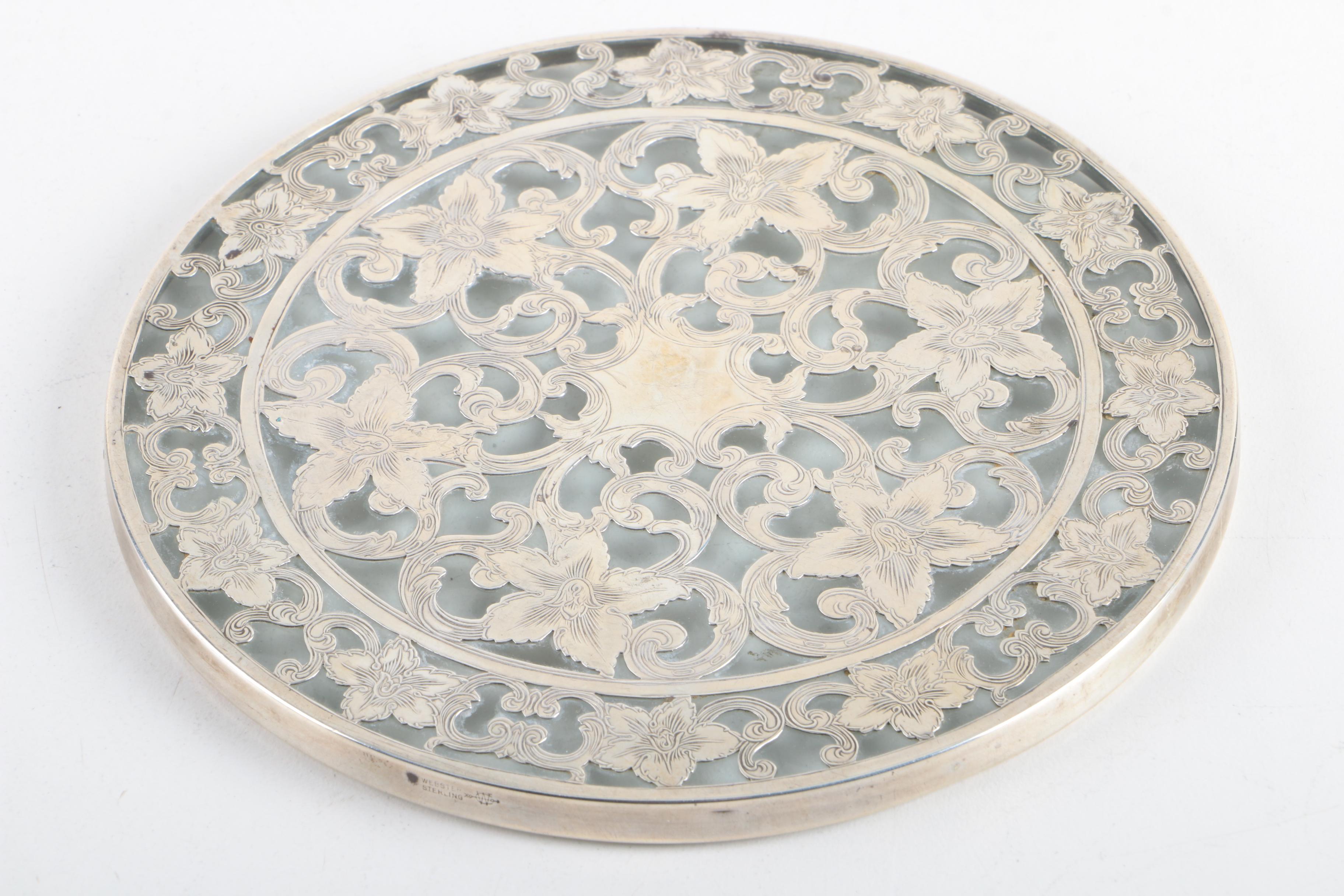 Webster Openwork Sterling Trivet with Pewter and Silver Plate Serving Utensils