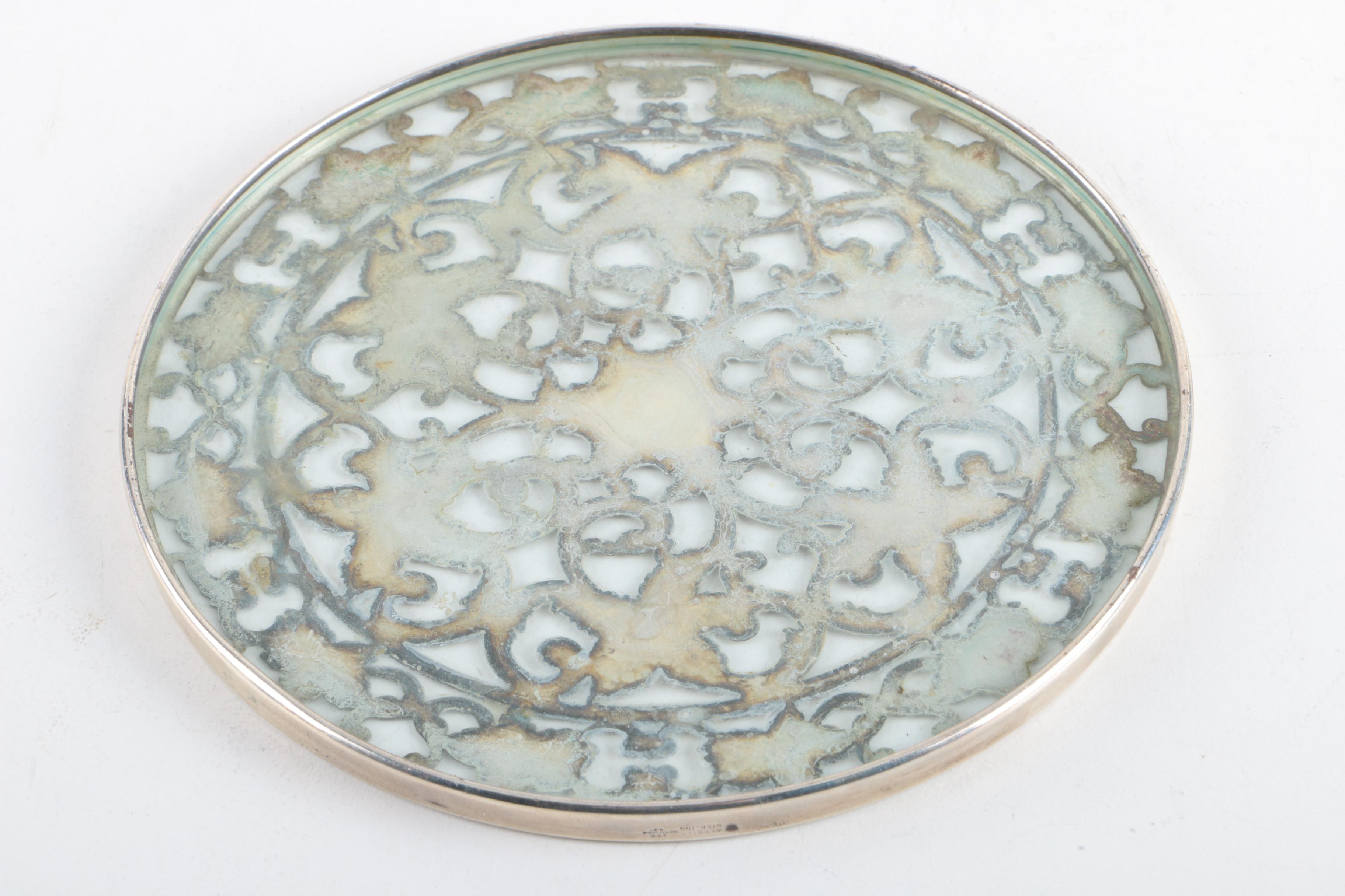 Webster Openwork Sterling Trivet with Pewter and Silver Plate Serving Utensils