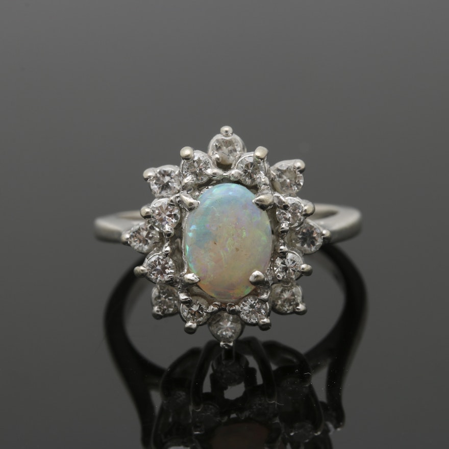 14K White Gold Opal and Diamond Ring