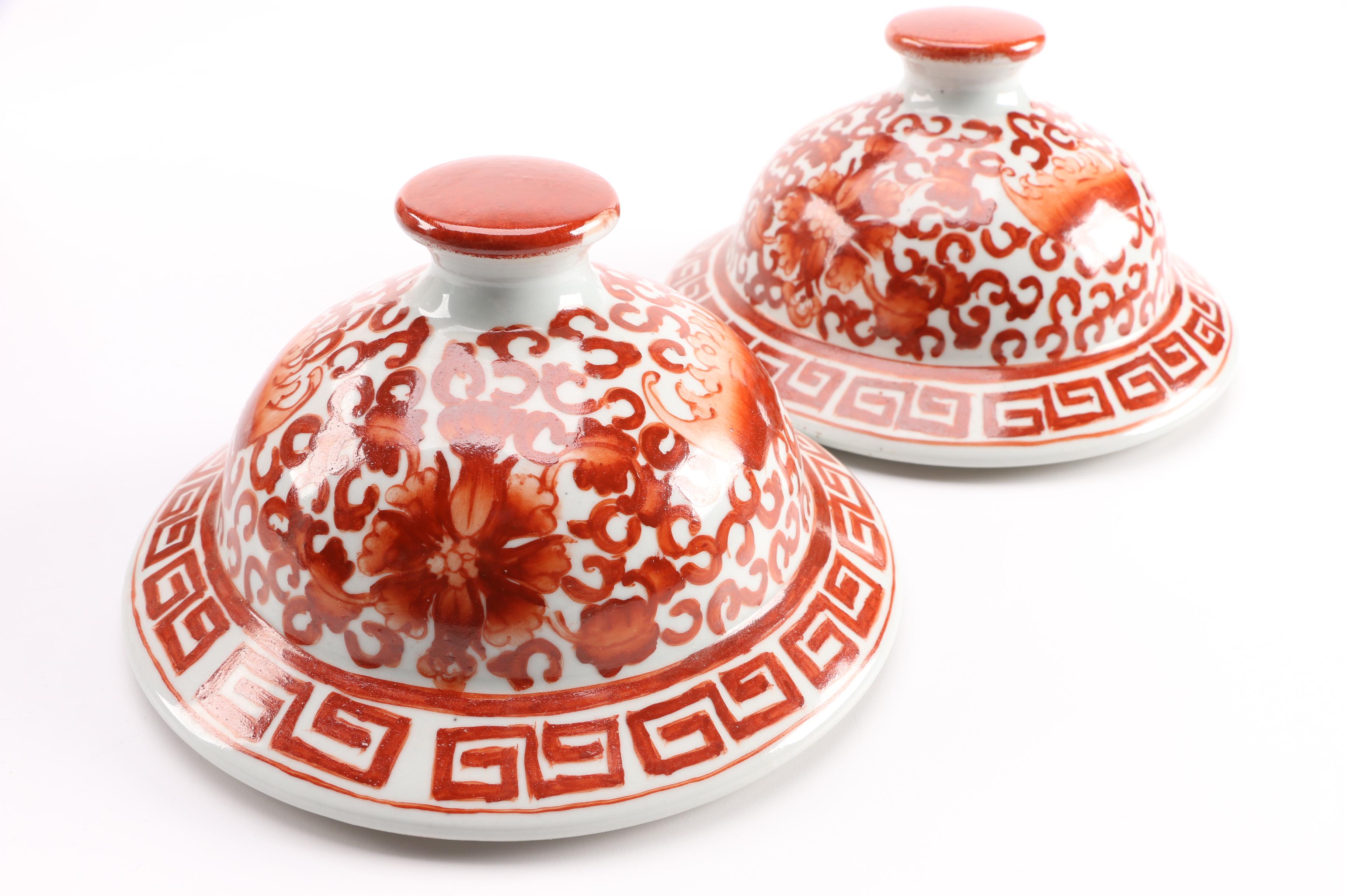 Pair of Decorative Chinese Orange and White Ginger Jars