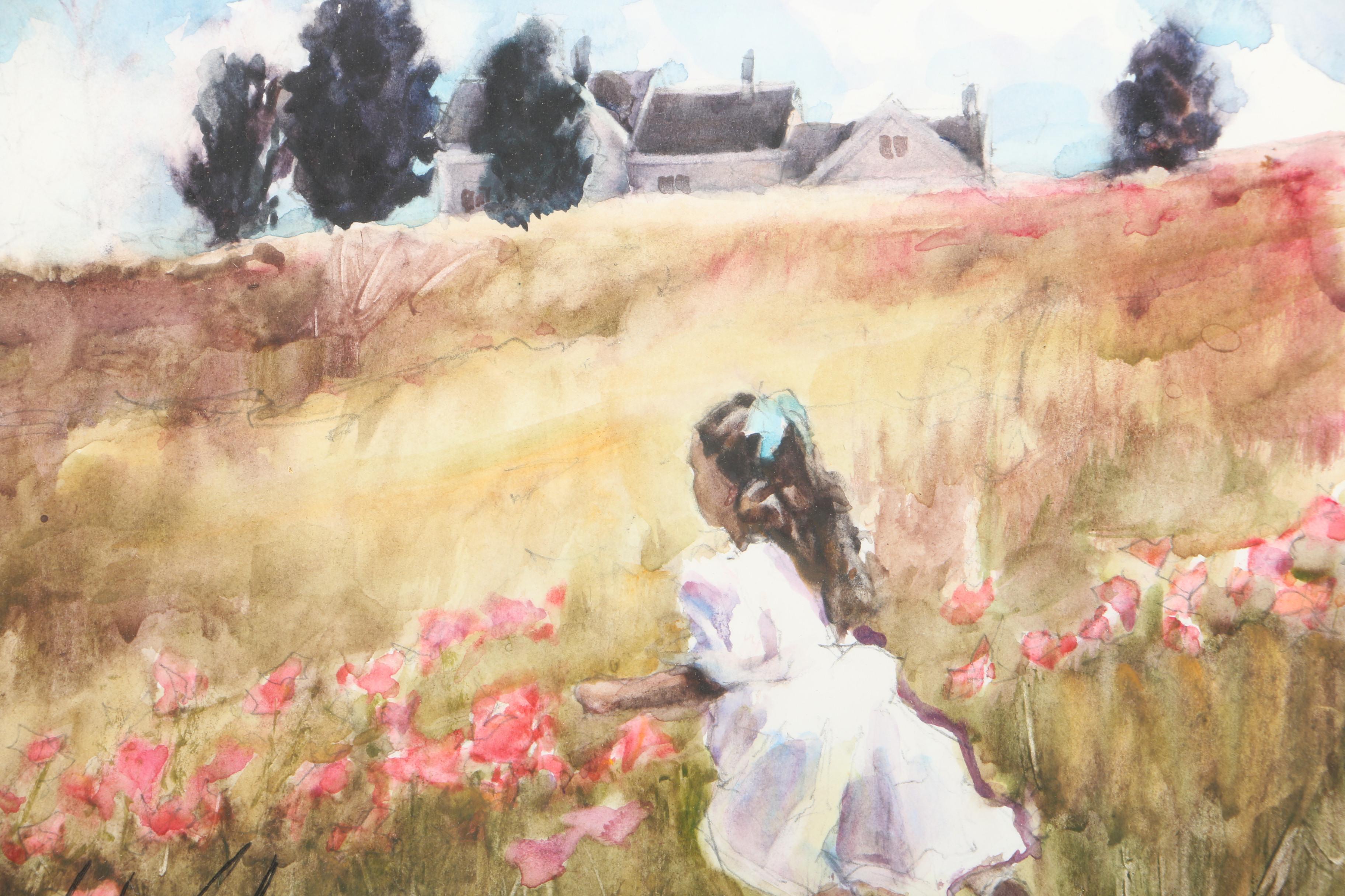 Wes Carlson Watercolor Painting on Paper of Girl in Field