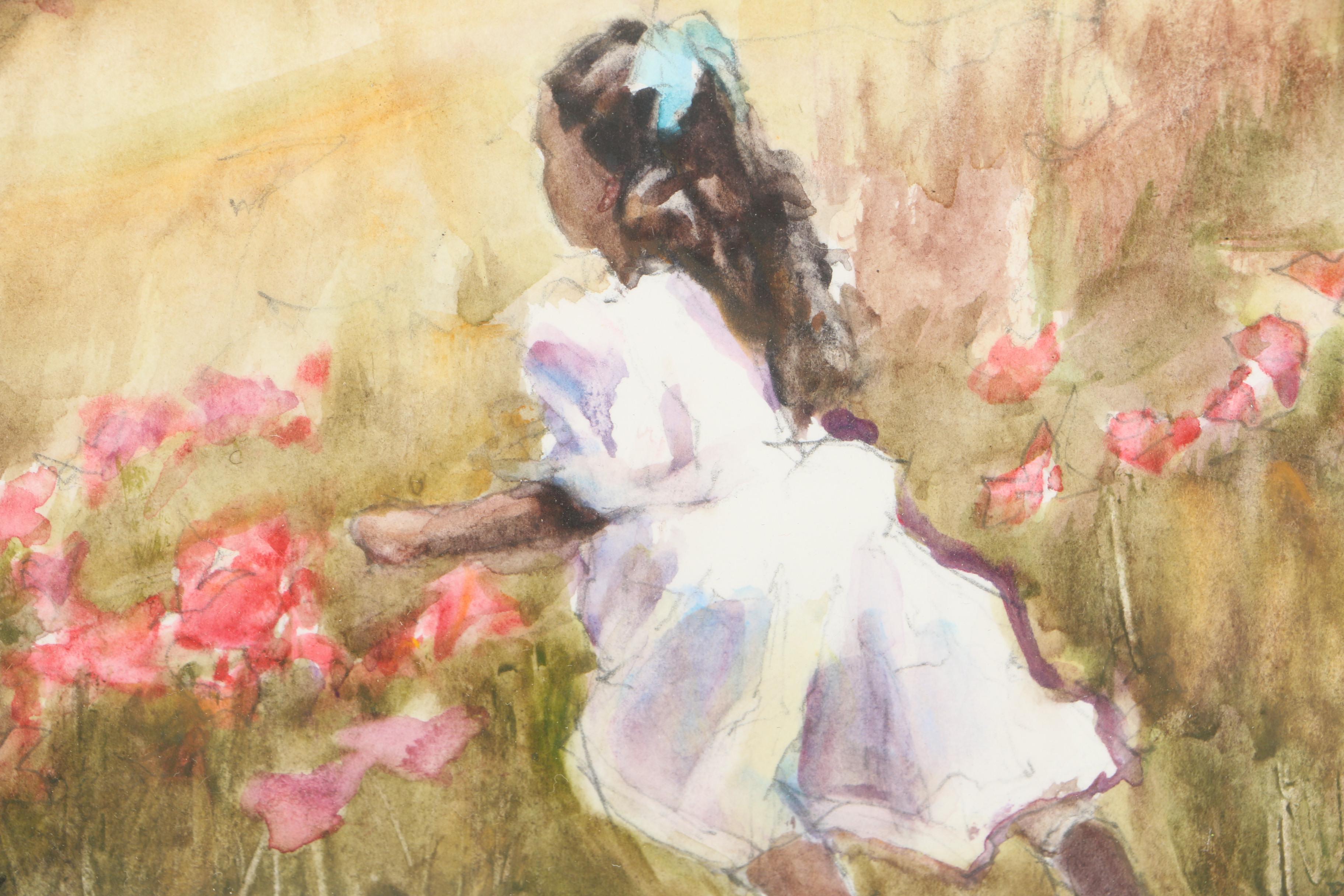 Wes Carlson Watercolor Painting on Paper of Girl in Field