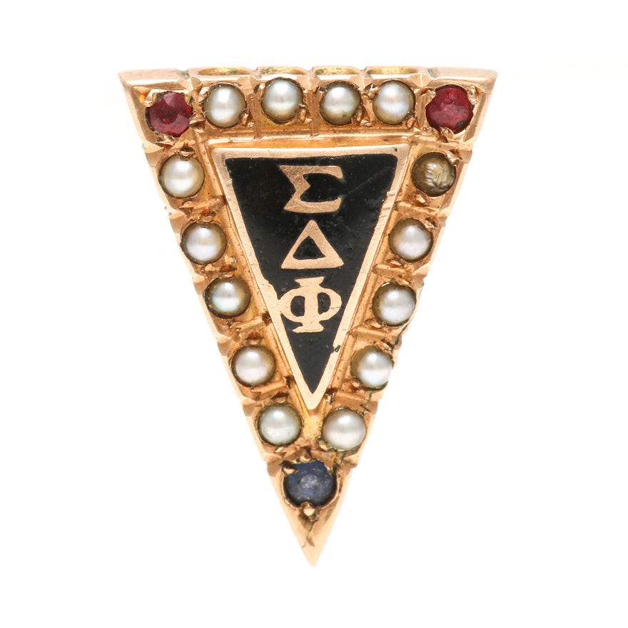 Vintage Sigma Delta Phi 14K Yellow Gold Seed Pearl Fraternity Pin