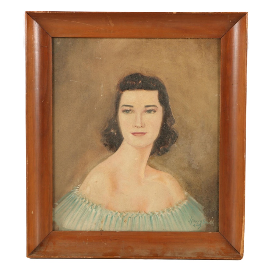 J. Perry Smith Oil Painting on Canvas Board of Woman in Pale Aqua Gown