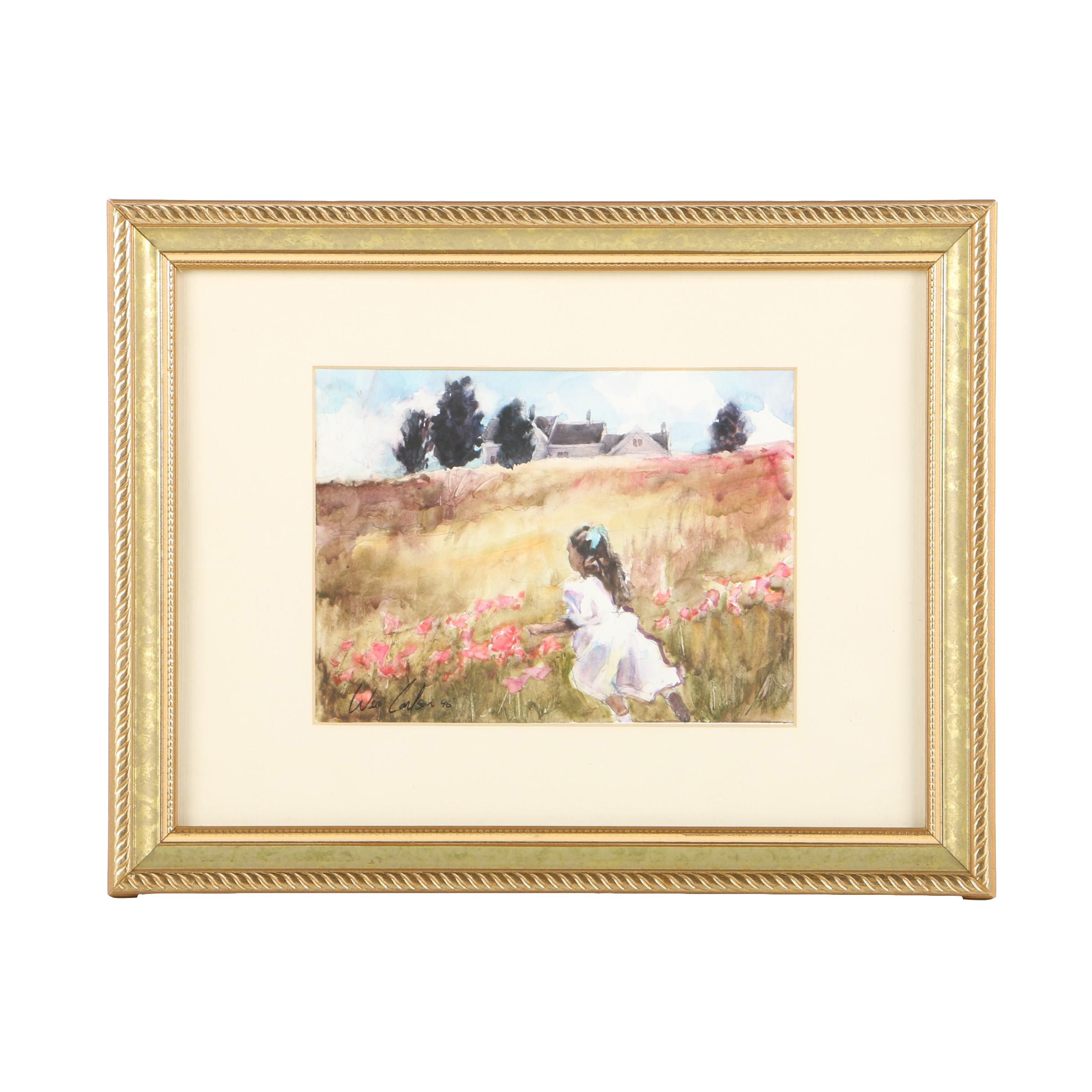 Wes Carlson Watercolor Painting on Paper of Girl in Field