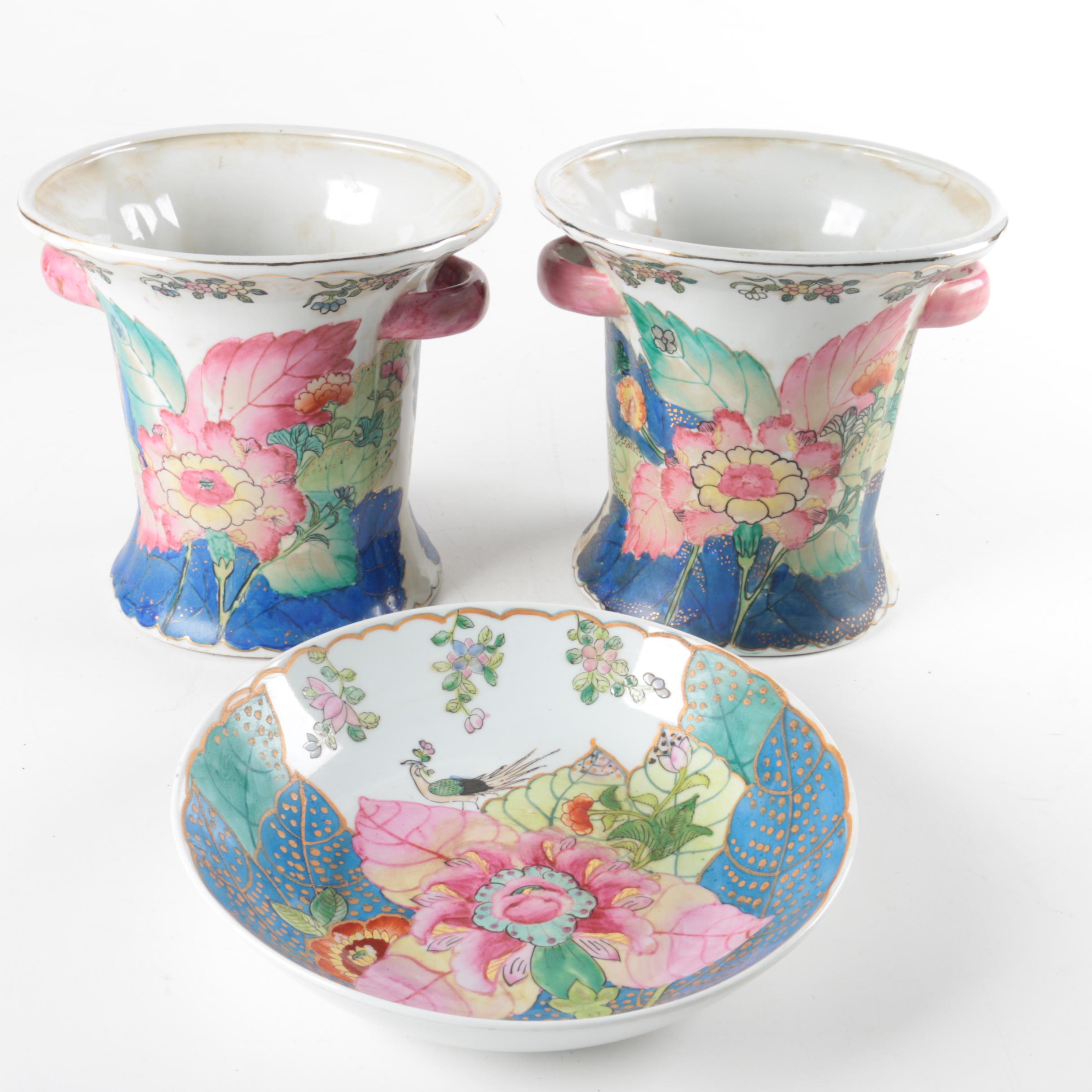 Chinese Tobacco Leaf  Bowl and Matching Vases