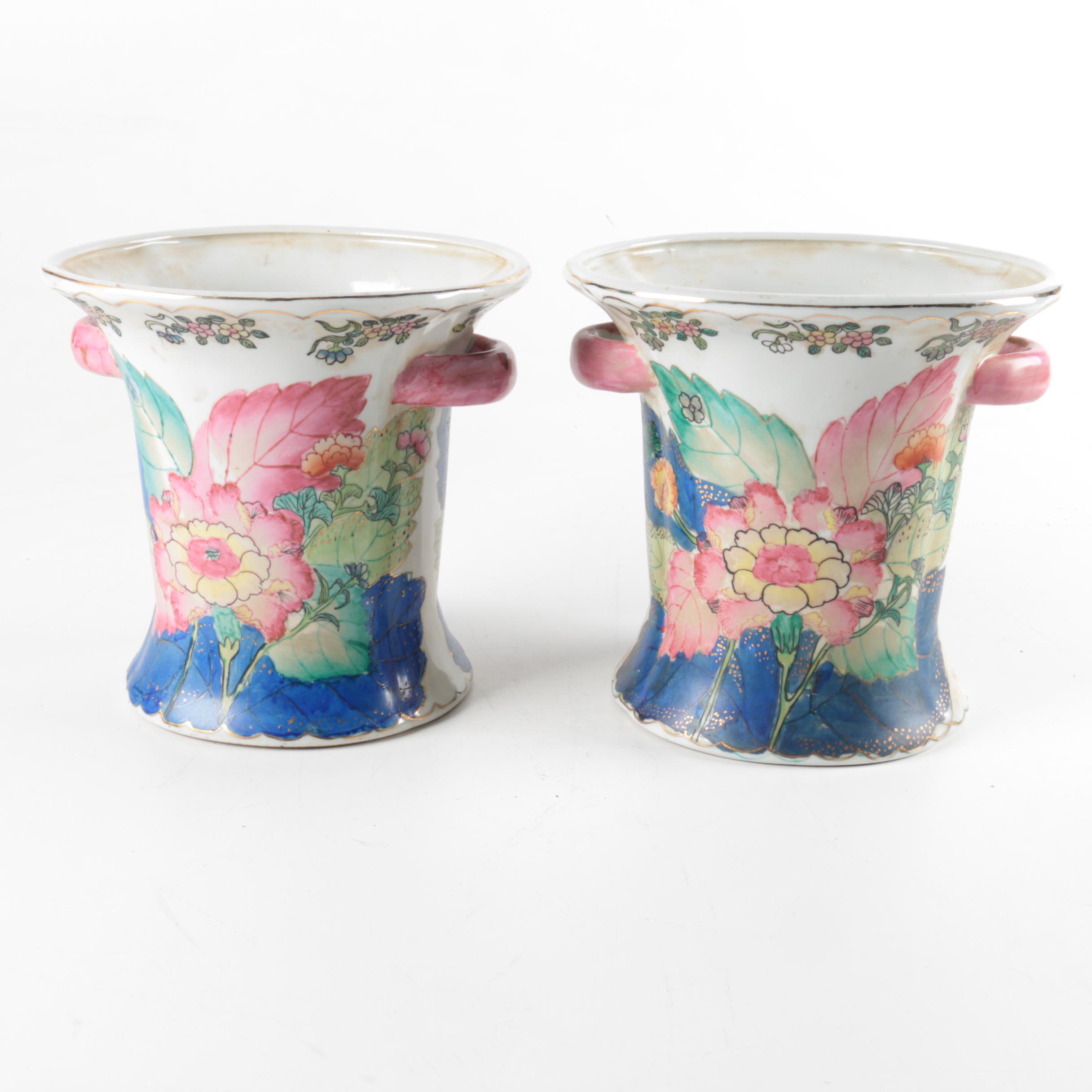 Chinese Tobacco Leaf  Bowl and Matching Vases