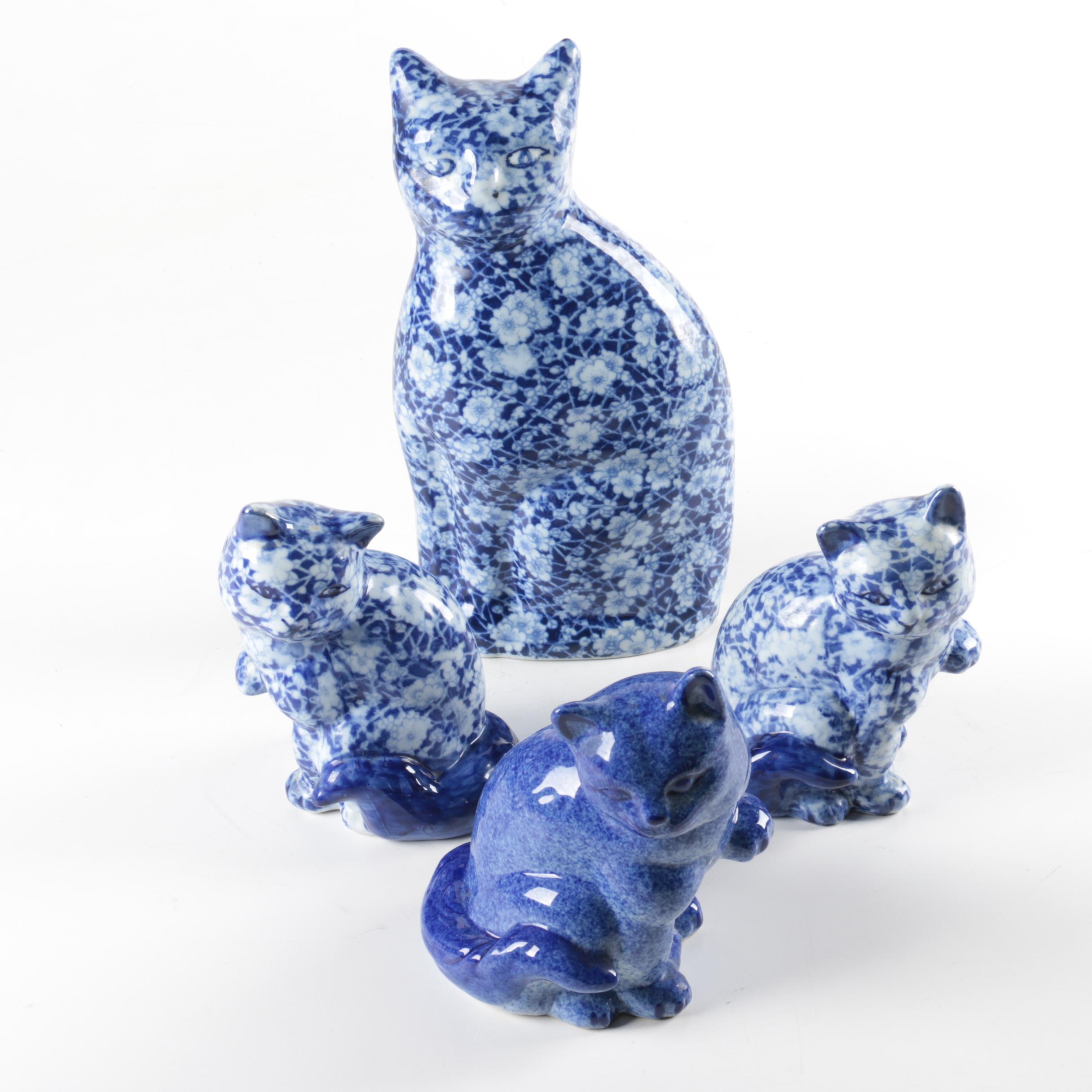 Blue and White Calico Cat Figurines
